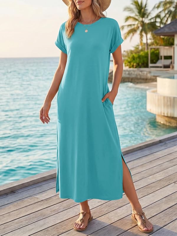 Wenrine Womens Summer Short Sleeve Casual Loose Split T Shirt Maxi Dress by Wenrine - Image 2