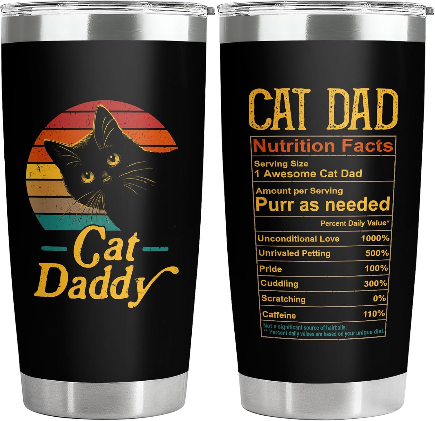 34HD Cat Daddy Tumbler with Lid 20 oz Stainless Steel, Dad Nutrition Facts Mug for Father's Day Gift - Birthday Present to Daddy, Him, Grandpa & Husband