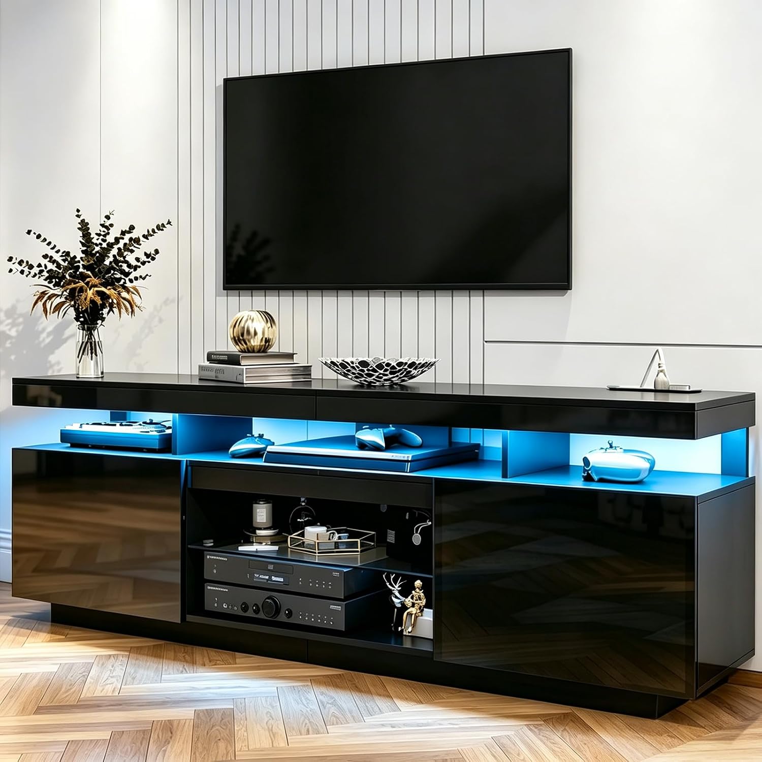 HOMMPA 70 Inch LED TV Stand with Power Outlets, Modern Entertainment Center with LED Lights for Living Room, Black Gaming Media Cabinet with Storage, TV Console for 70/65/60/55 inch TVs (64 Inch)