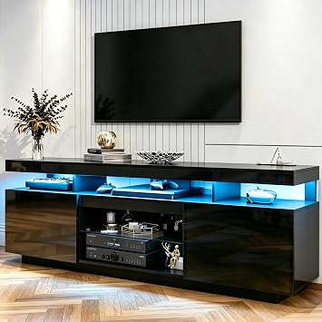 HOMMPA 70 Inch LED TV Stand with Power Outlets, Modern Entertainment Center with LED Lights for Living Room, Black Gaming Media Cabinet with Storage, TV Console for 70/65/60/55 inch TVs 64 Inch