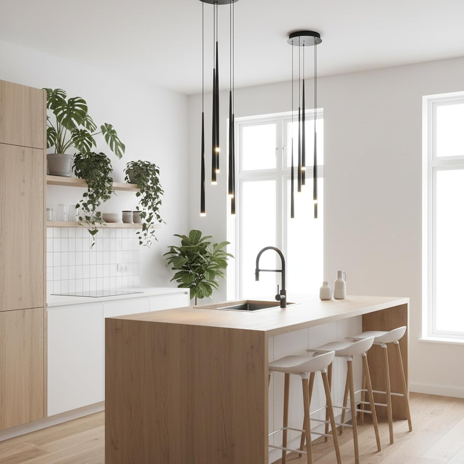 Modern Chandelier 6 Lights LED Hanging Pendant Ceiling Fixture Switch Dimmable Metal Black for Living Dining Room Powder Room Kitchen Stairs.