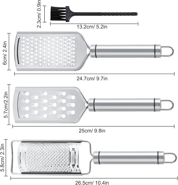 Cheese Graters Lemon Zester, 3 Hand Kitchen Grater Set with Brush, Stainless Steel Blade, Easy to Grate Garlic, Chocolate, Nutmeg Or Veg Fruits