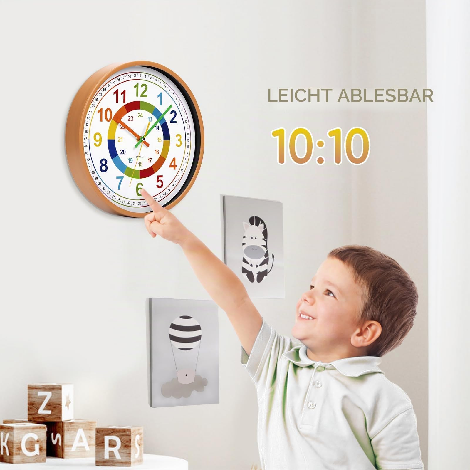 Wanduhr Kinder lautlos 30 cm Ablesen Farbenfrohe Kinderwanduhr Lernen Wohn- /Schlaf/Kinderzimmer großes Ziffernblatt Büro (Holzmaserung)