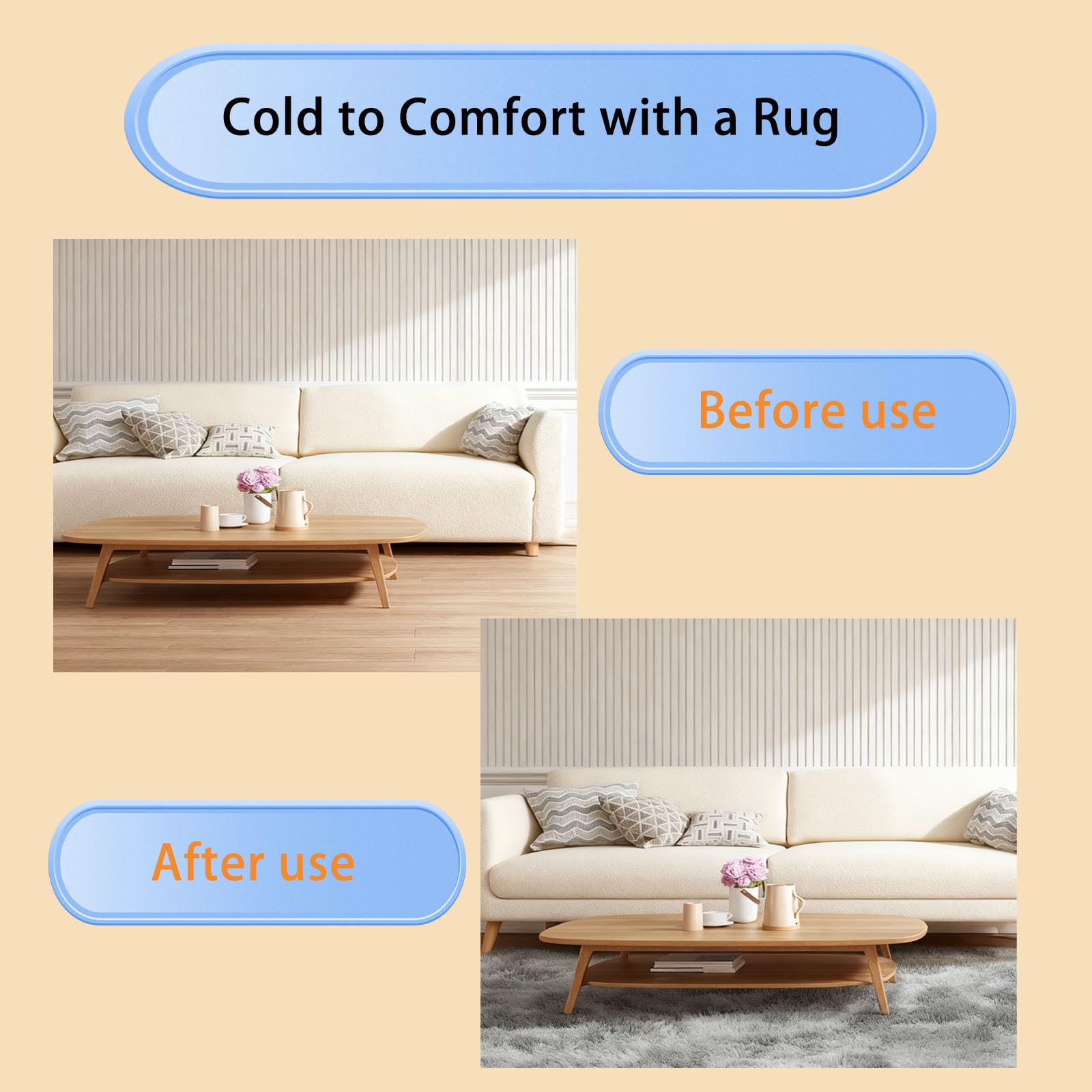 Tappeto Morbido a Pelo 60 x 320 cm Morbido e Resistente Pelo Lungo Tappeti Antiscivolo Fondo Antiscivolo per Salotto e Camera da Letto Terrazze e Giardino, Beige