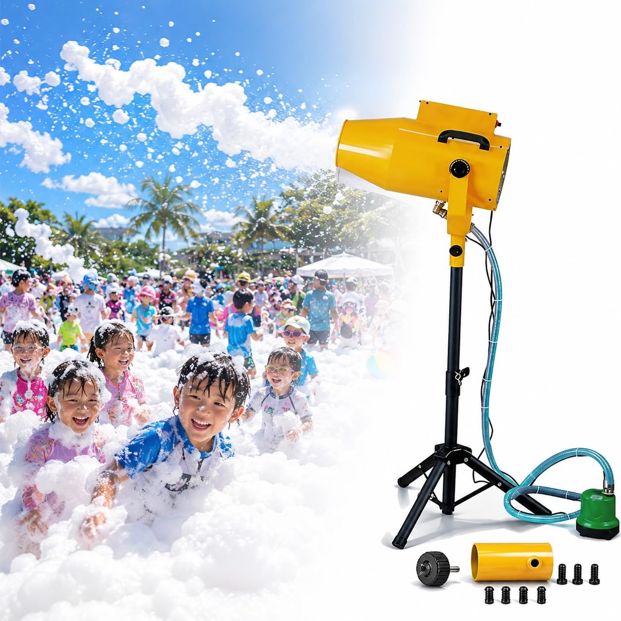 Seifenblasen-Schaummaschine, Elektrische Party-Schaummaschine | 9,84–16,4 Fuß Spray, deckt 215 Quadratfuß ab, mit verstellbarem Ständer, for Bühne, Hochzeiten, Gartenfeiern(Yellow)