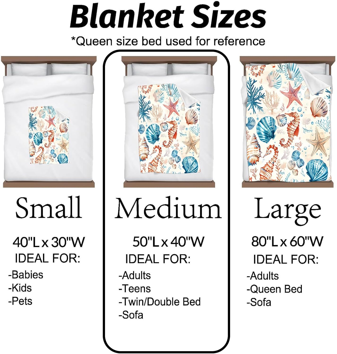 Ocean Blanket with Seashell,Seahorse,Coral and Starfish Throw Blankets Lightweight Flannel Throws for Camping Couch Chair Beach Bed Summer Home Decor Gifts for Adults,60x50inch - Image 4