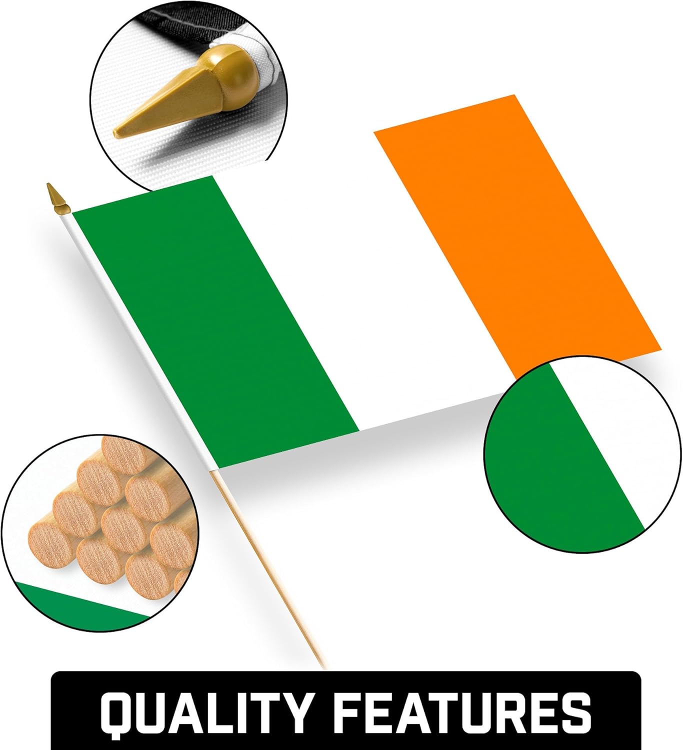 G128 12 Pack Handheld Ireland Irish Stick Flags | 12x18 In | Printed 150D Polyester, Country Flag, Solid Wooden Stick, Spear Gold Tip