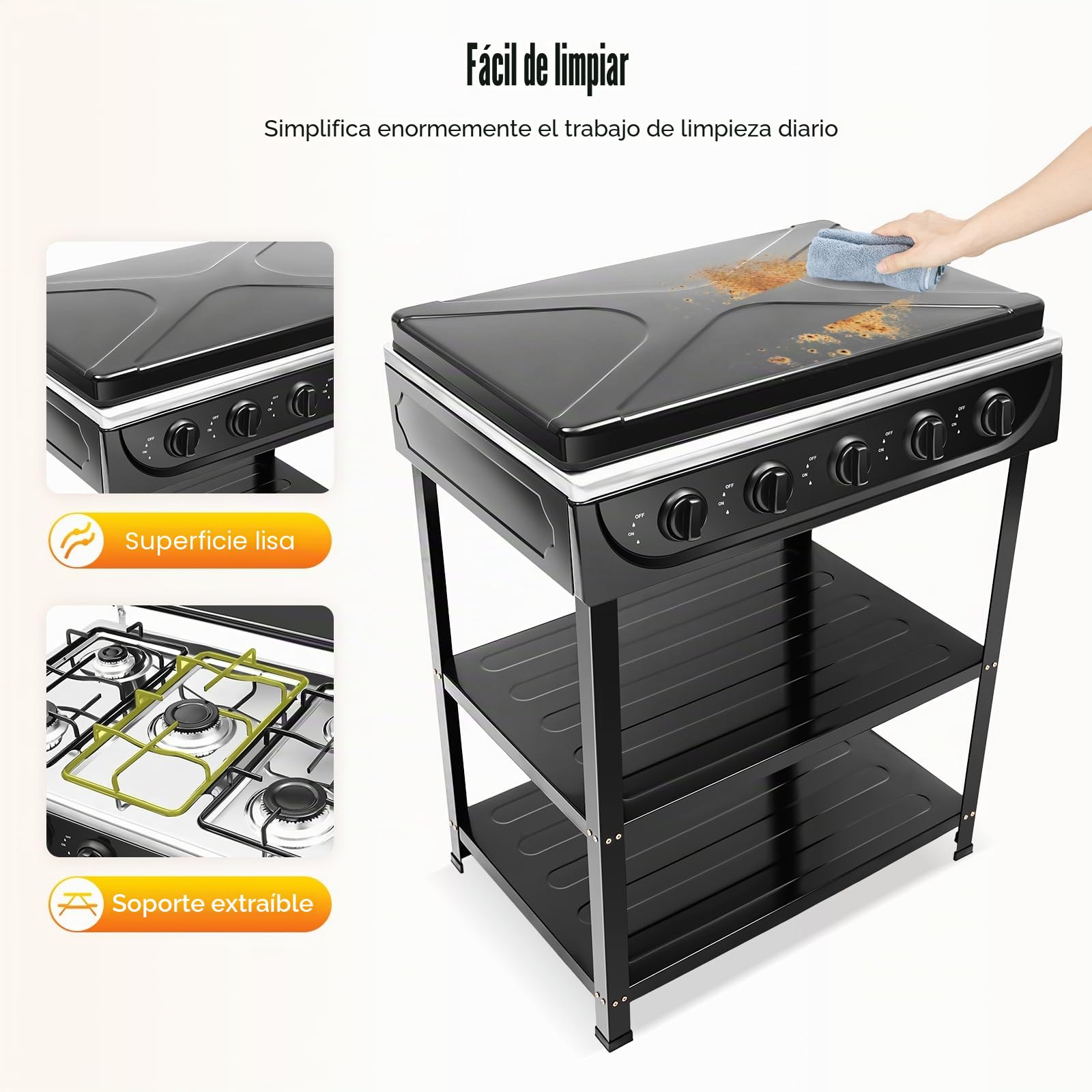 Cocina de gas natural con 5 fuegos para camping con 2 estantes, con 2 estantes, placa de gas, control independiente, para actividades al aire libre