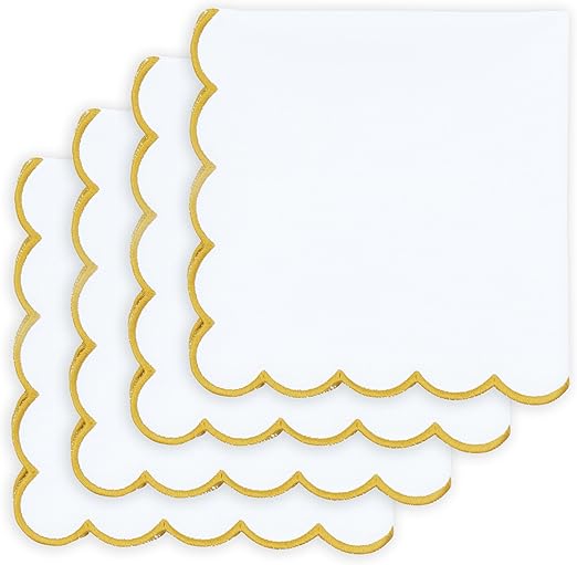 PurpleEssences Scalloped Embroidery Cloth Napkins Christmas Holiday Winter Table Decor 100% Cotton Set of 4-18 x 18 inch - White - Edges - Gold