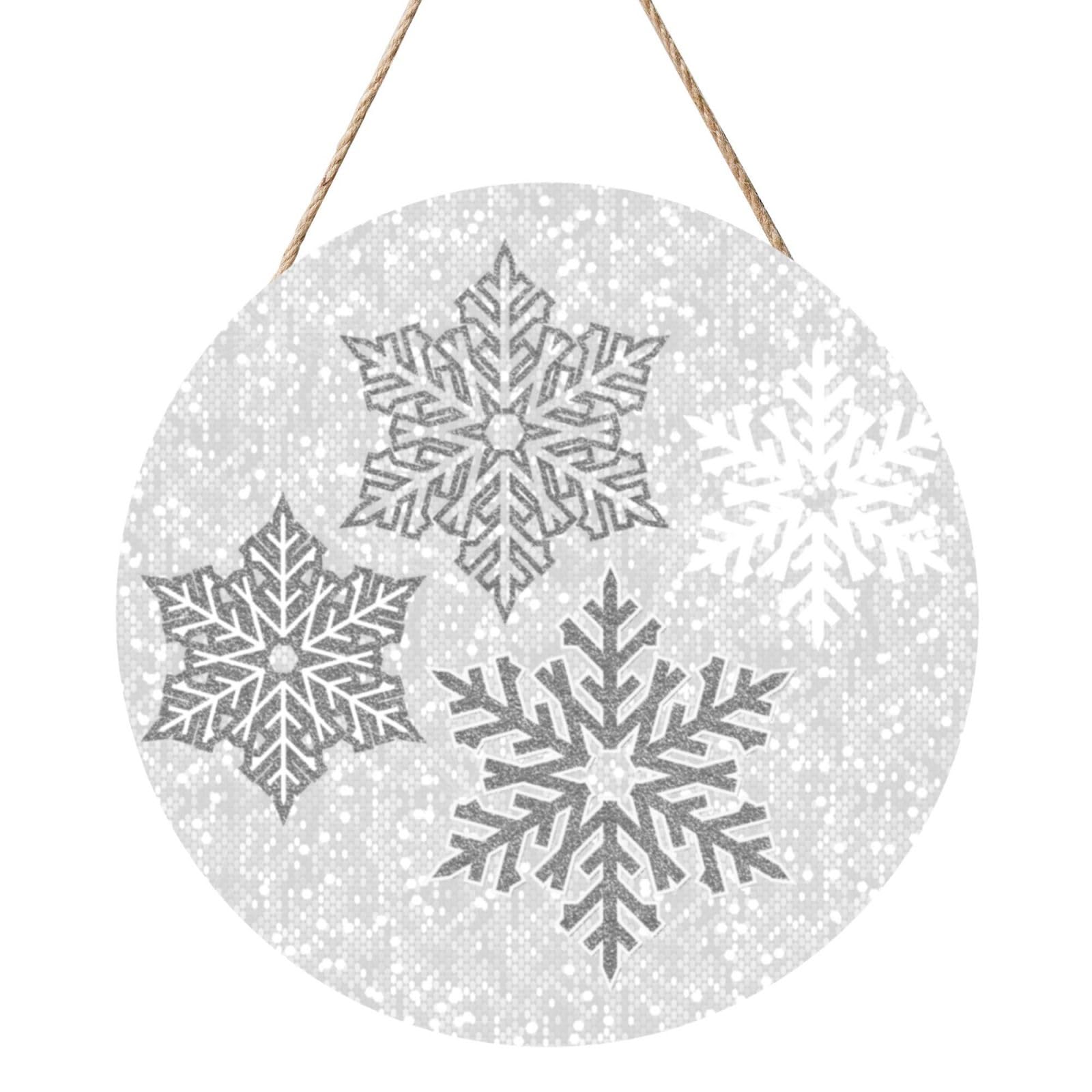 InOmak Christmas Sparkling Silver Gray And White Snowflakes, Round Wood Panel Painting 12 in, Wall Hanging Painting For Home