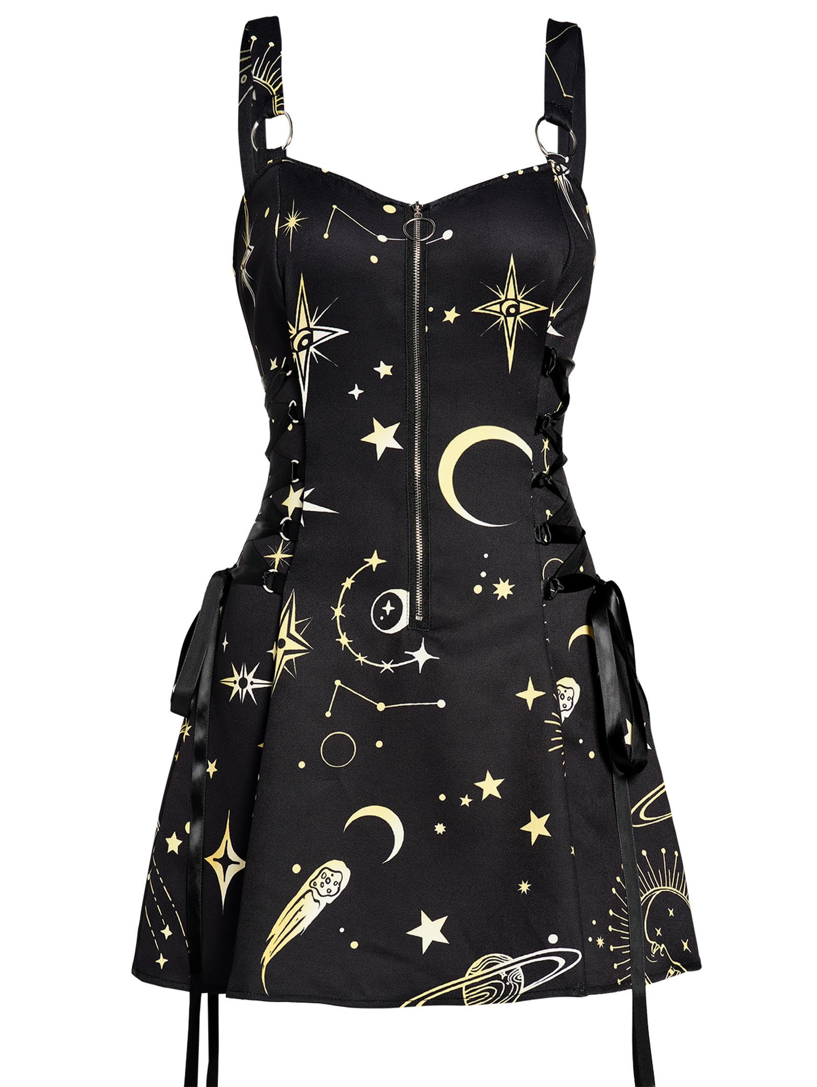 Mini Robe à Lacets imprimé Soleil céleste et Lune, débardeur Gothique d'été à col carré pour Femmes, Noir 9801-XL