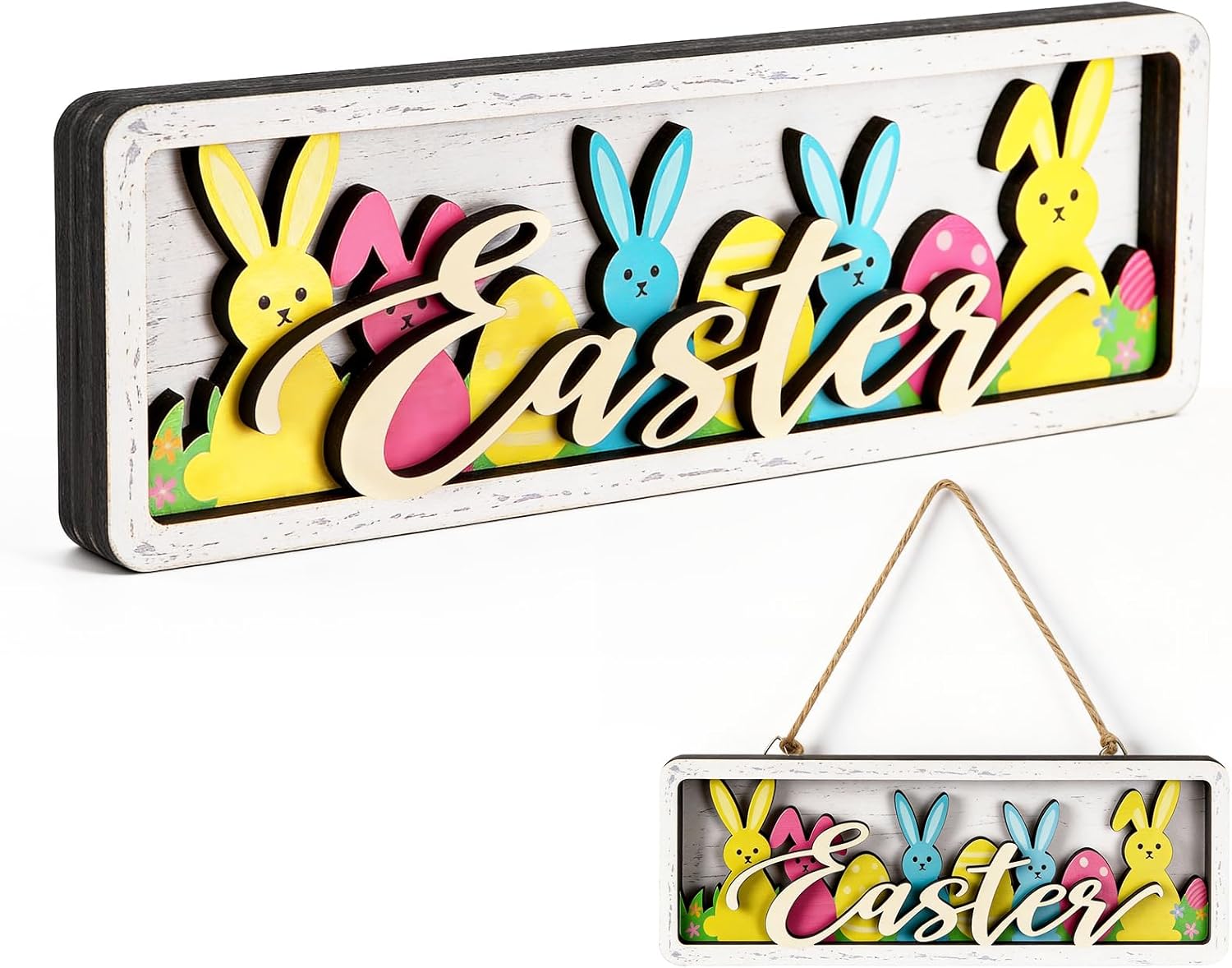 Vintage Easter Decorations for Home Wooden Easter Table Decor, Happy Easter Signs, Spring Bunny Centerpiece Rustic Farmhouse Tiered Tray Decor for Kitchen Office Mantel Shelf Desk Wall Door