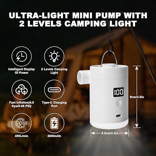 Miniatura 2 de Bomba de aire portátil para inflables recargable tipo C con batería de 4000 mAh Lightwight Inflar ultrarrápido desinfla bombas de aire eléctricas