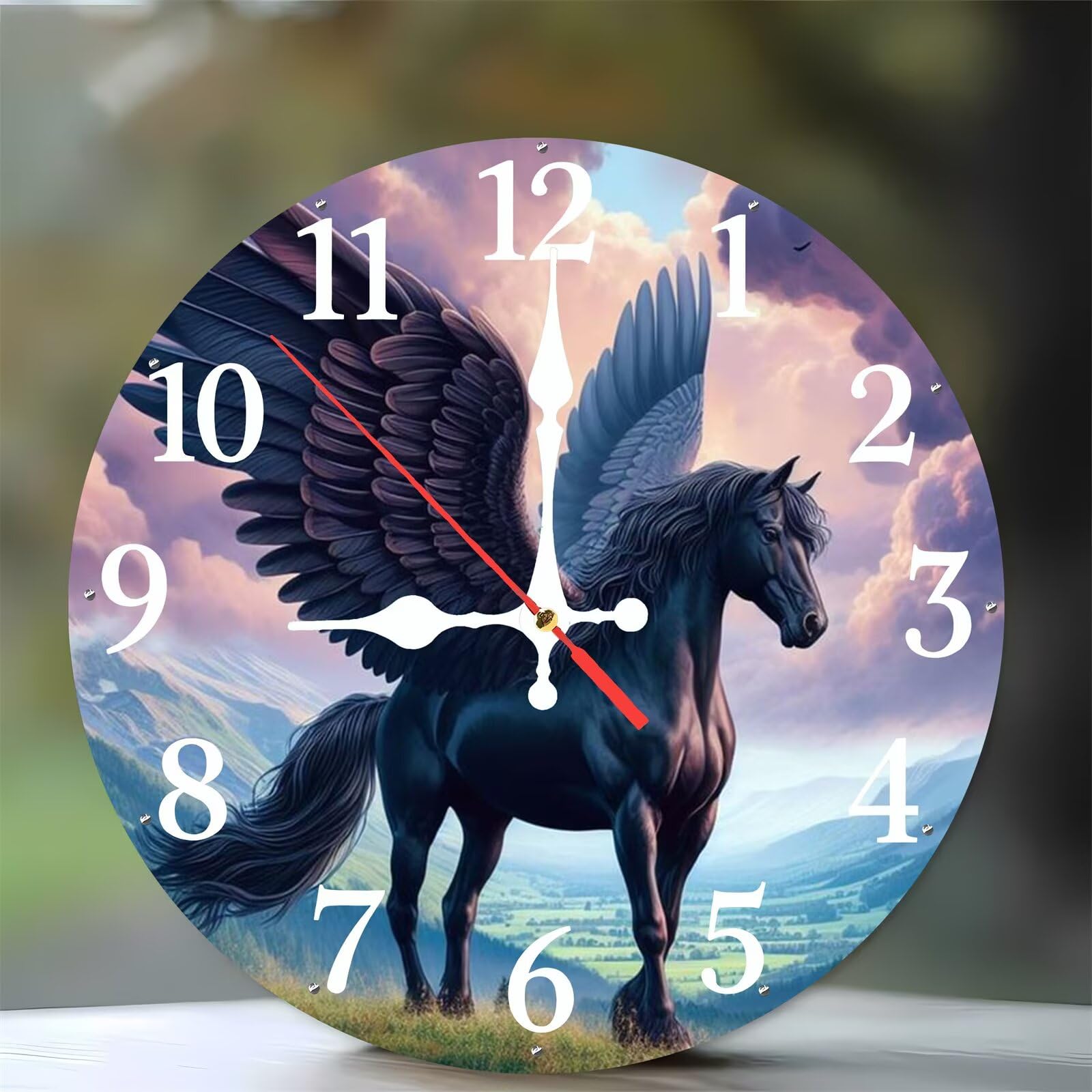 Horloge murale 35 cm en bois motif cheval ange noir silencieuse