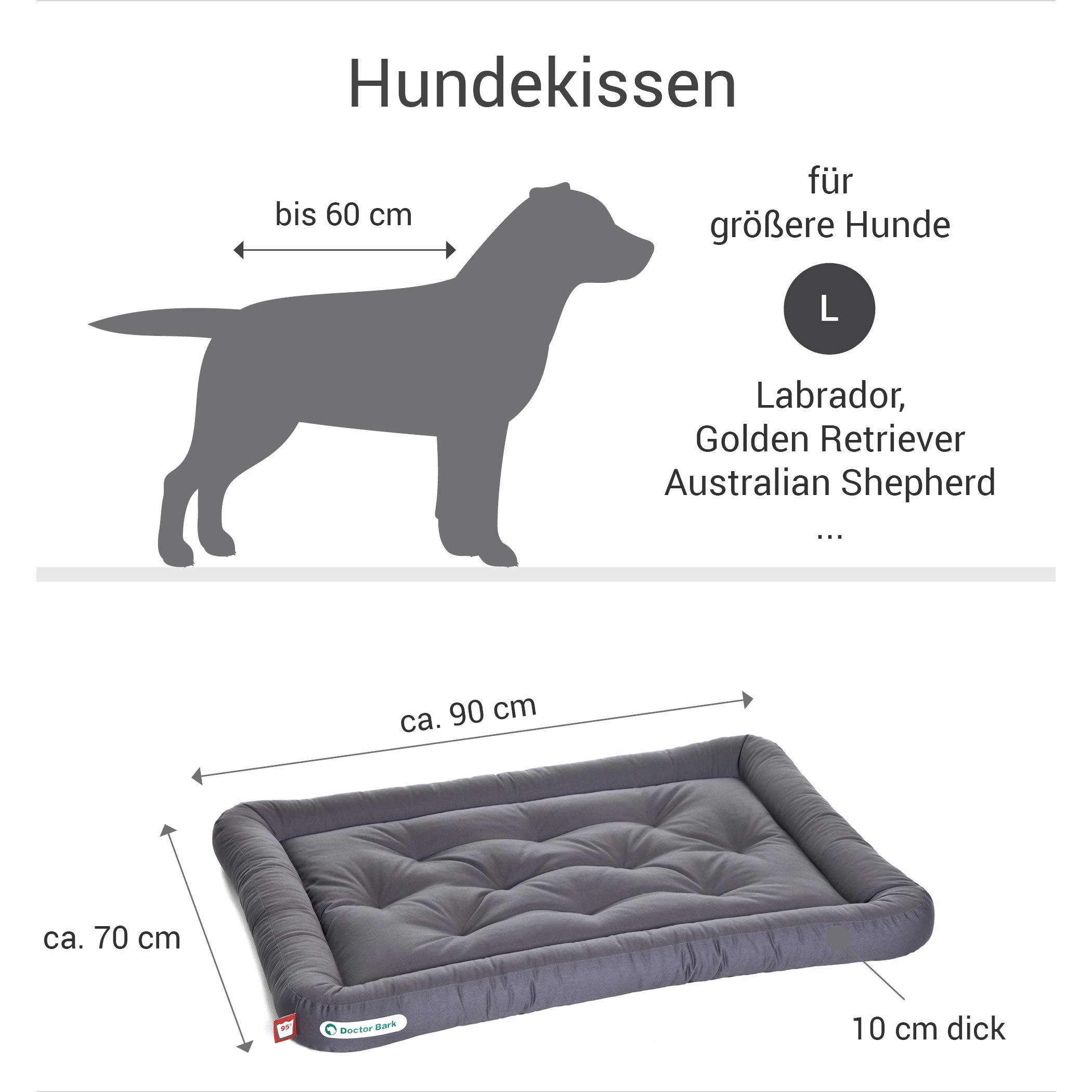 Doctor Bark Poduszka dla psa – ortopedyczne legowisko dla psa, pranie w temperaturze do 95°C, higieniczna, wytrzymała i wygodna (dł. – 90 x 70 cm, szara)
