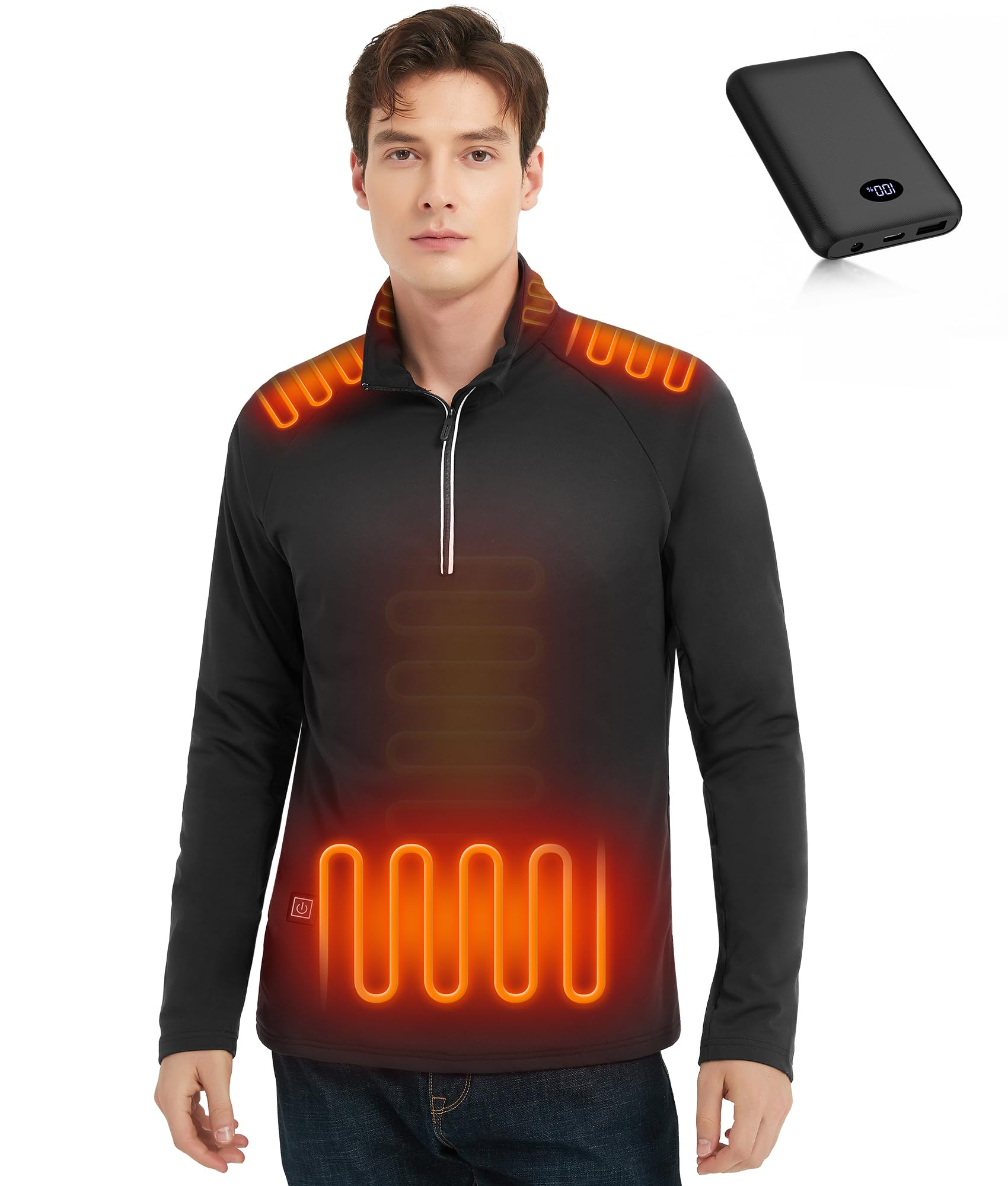 FERNIDA Herren Beheizbare Shirt, Fleece Beheizte Half Zip Pullover mit Power Bank, 3 Stufen Temperatur für Herbst Winter Warm