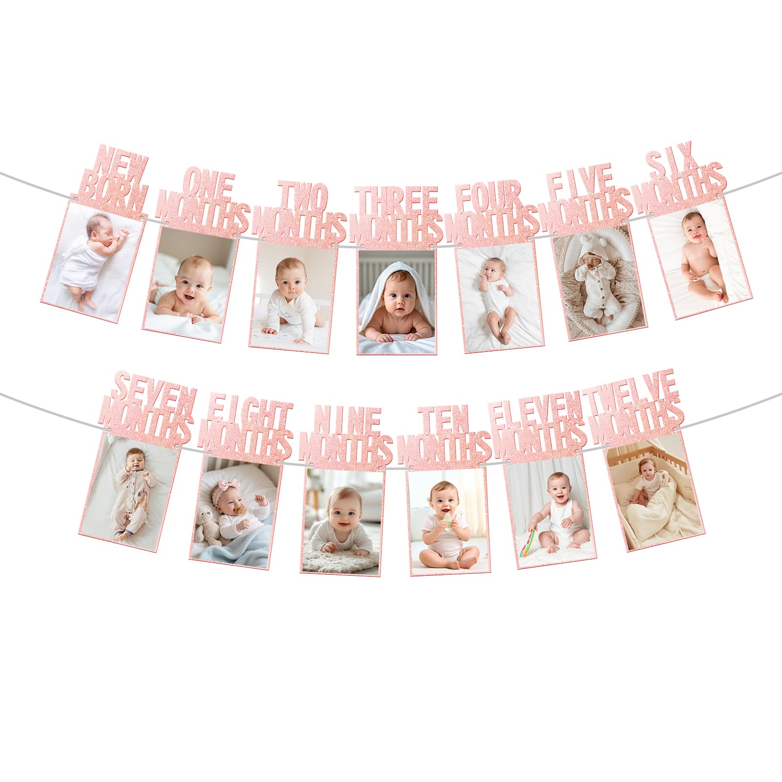 1st Birthday Baby Photo Banner, Newborn to 12 Months Display Party Decorations,Rosegold First Birthday Banner for Boys and Girls,Commemorate Baby's Growth