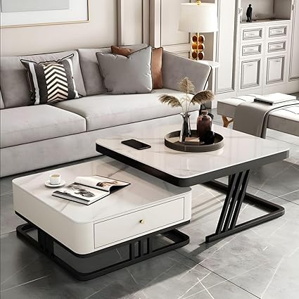 Online Collection Modern Square Marble Finish Coffee Table Set, 2 Piece Center Tables with Drawer