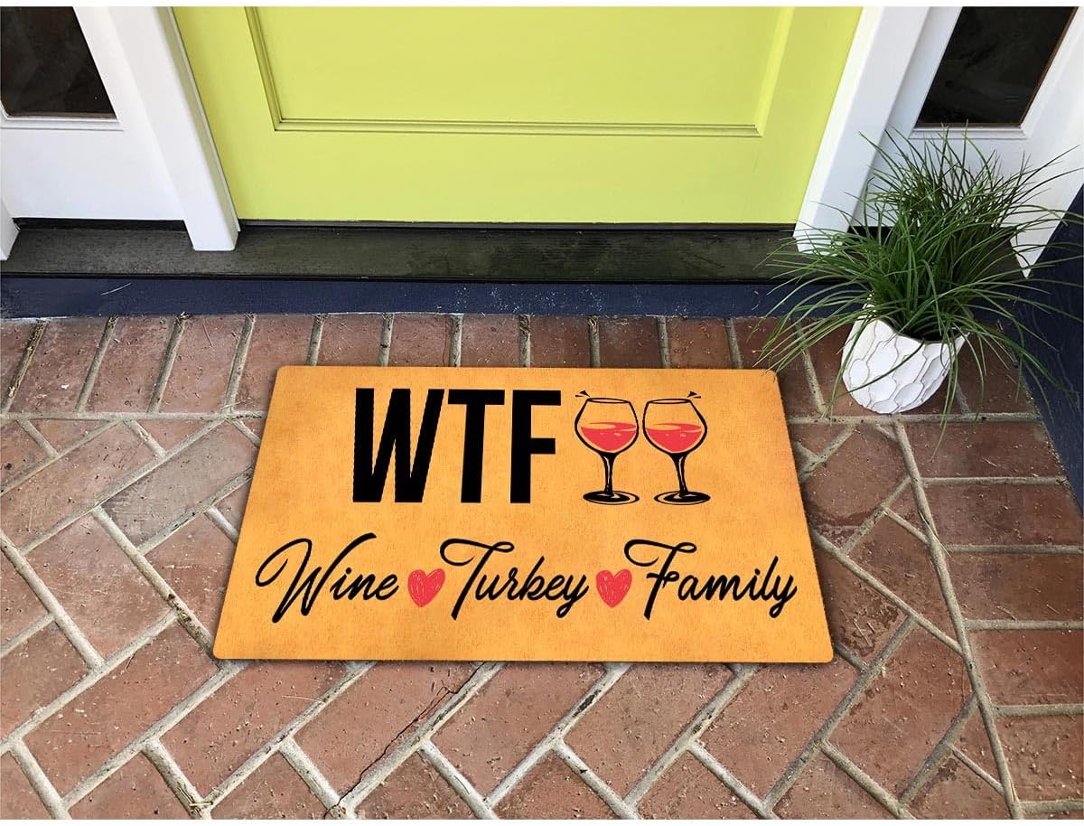 Funny Welcome Doormat Home Decor Rugs for Entrance Way Indoor Anti-Slip Rubber Back 30x18inch Front Porch Mats for House Warming (WTF Wine Turkey Family)
