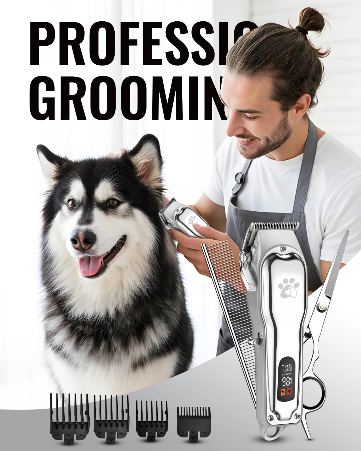 Tosatrice professionale per cani per capelli spessi, corpo interamente in metallo, lama in ceramica nera, display a LED, kit per toelettatura cani senza fili ricaricabile a basso rumore