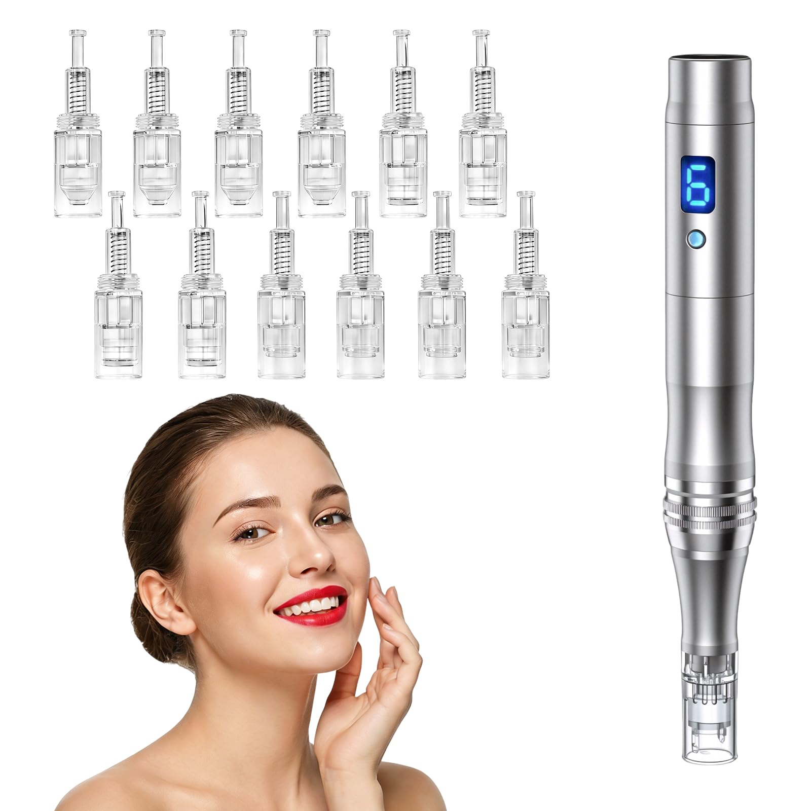 Microneedle Derma Roller Pen para mujeres y hombres, uso en casa, viajes, con 12 piezas de repuesto, kit de microagujas de 0.25 mm para piel