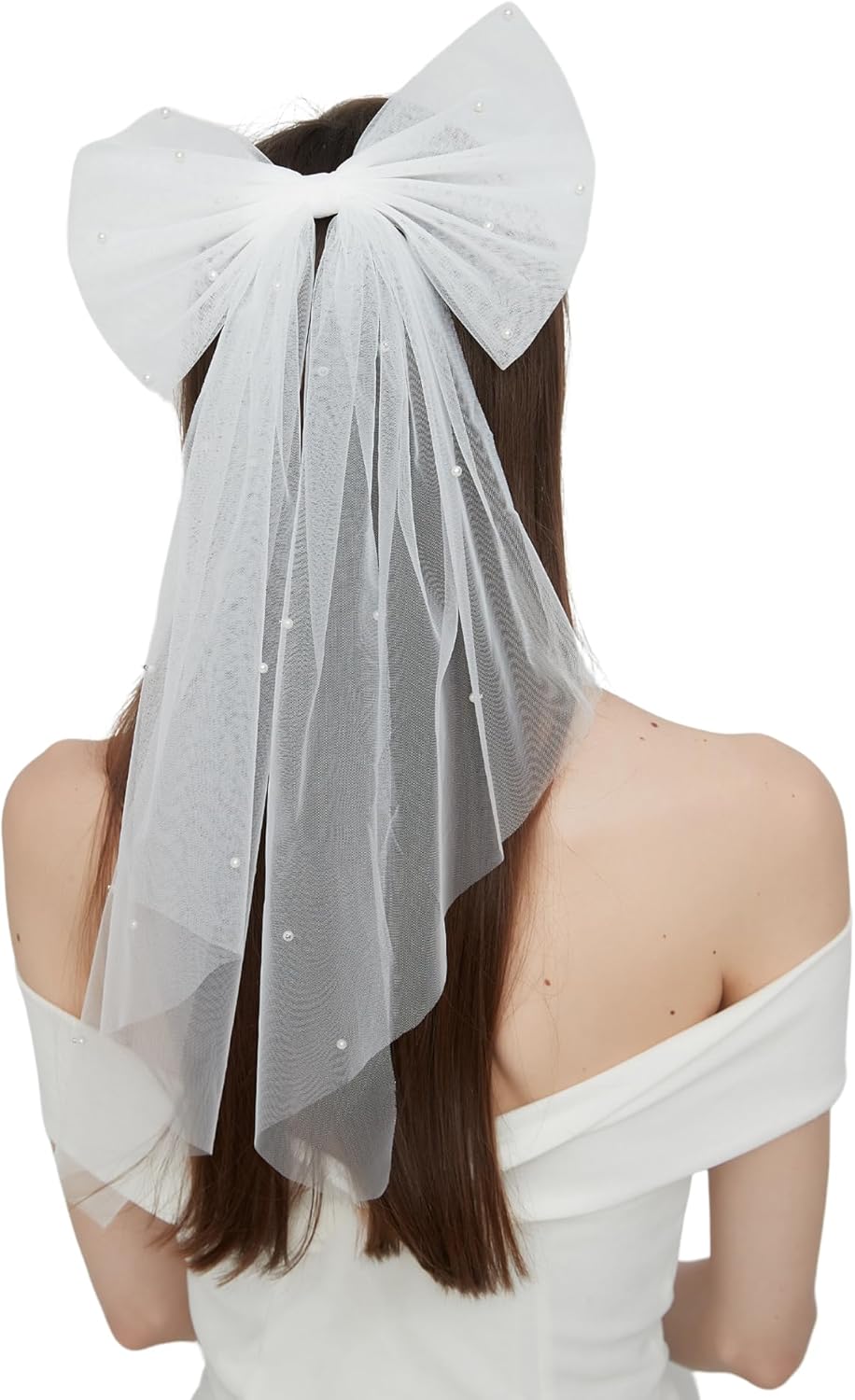 Pearl Bow Veil Hair Clip for Bride, White Short Tulle Wedding Veil with Pearls, Elegant Bridal Hair Bow Accessory for Bride to Be, Bachelorette Party and Bridal Shower