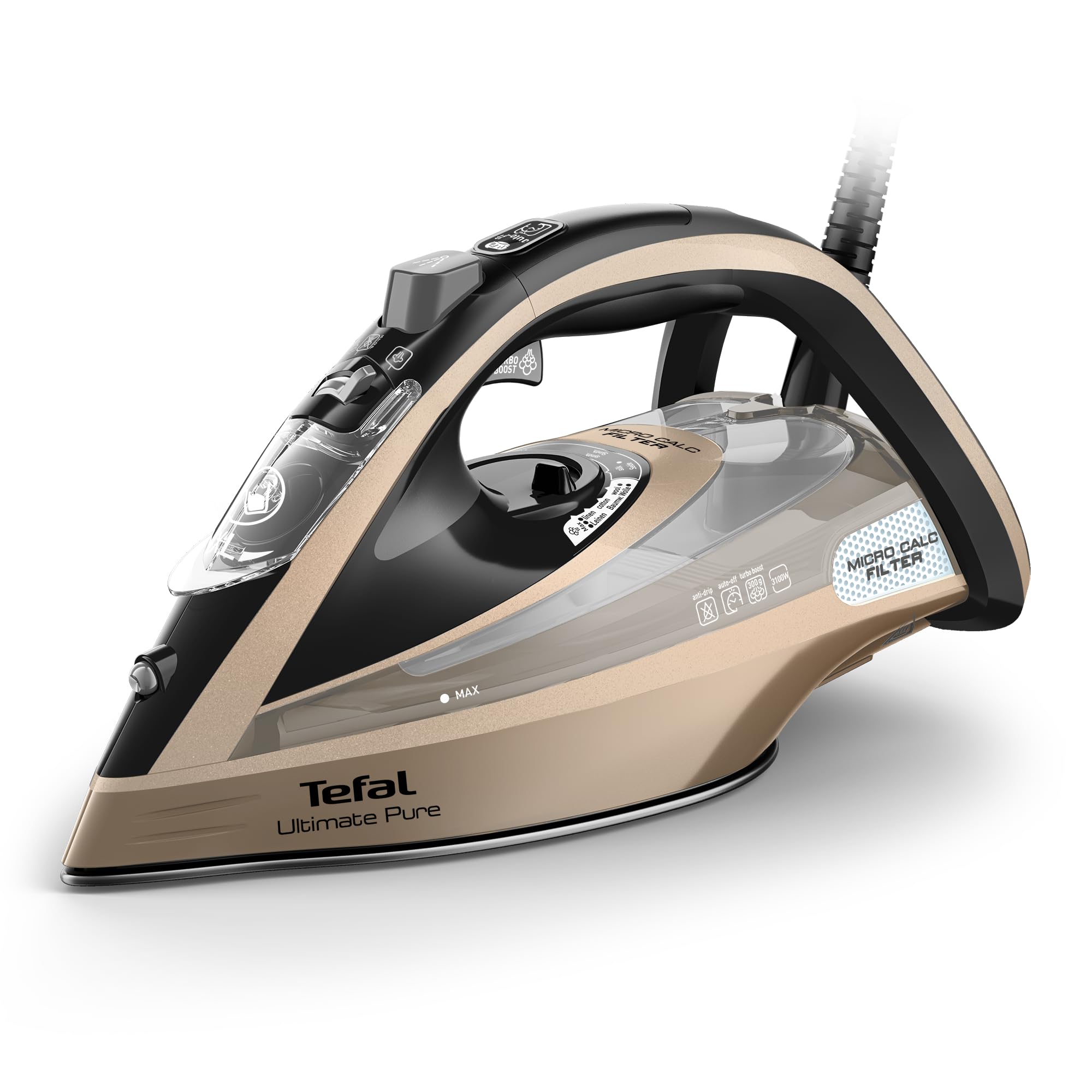 Tefal Tefal Ultimate Pure Steam Iron, 3100W, 300g/min Steam Boost, 350ml Water Tank, 2.5m Cord, Non-Stick Durilium Airglide Soleplate,