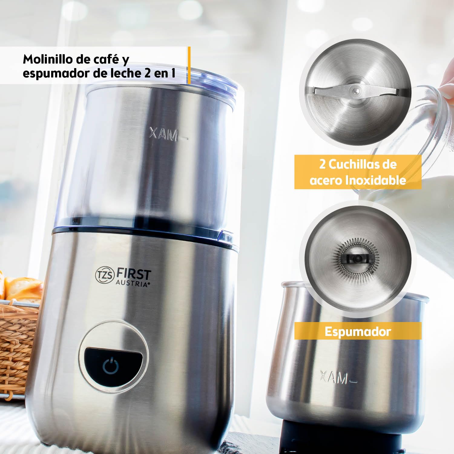 TZS FA Molinillo de Café Eléctrico y Espumador de Leche 2 en 1, 200W, 28000 RPM, 2 Vasos de Acero Inoxidable Desmontables 100g/100ml, 2 Velocidades, Plata