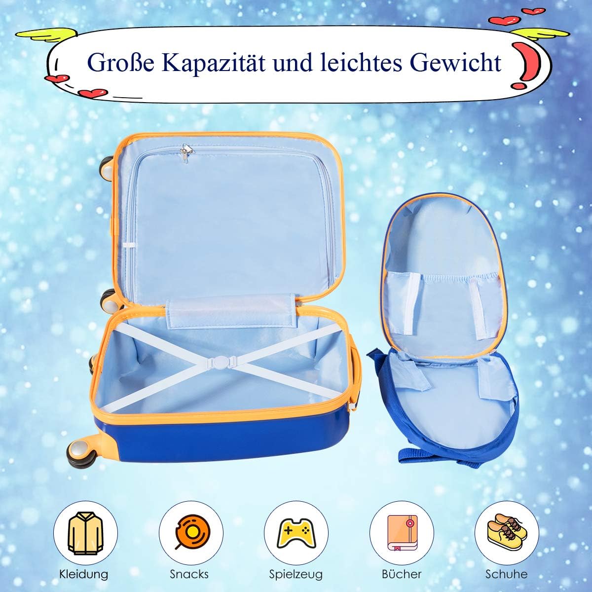 FANTASK Valigia per bambini + zaino, trolley per bambini in plastica, bagaglio per bambini, bagaglio a mano, valigia rigida per ragazzi e ragazze