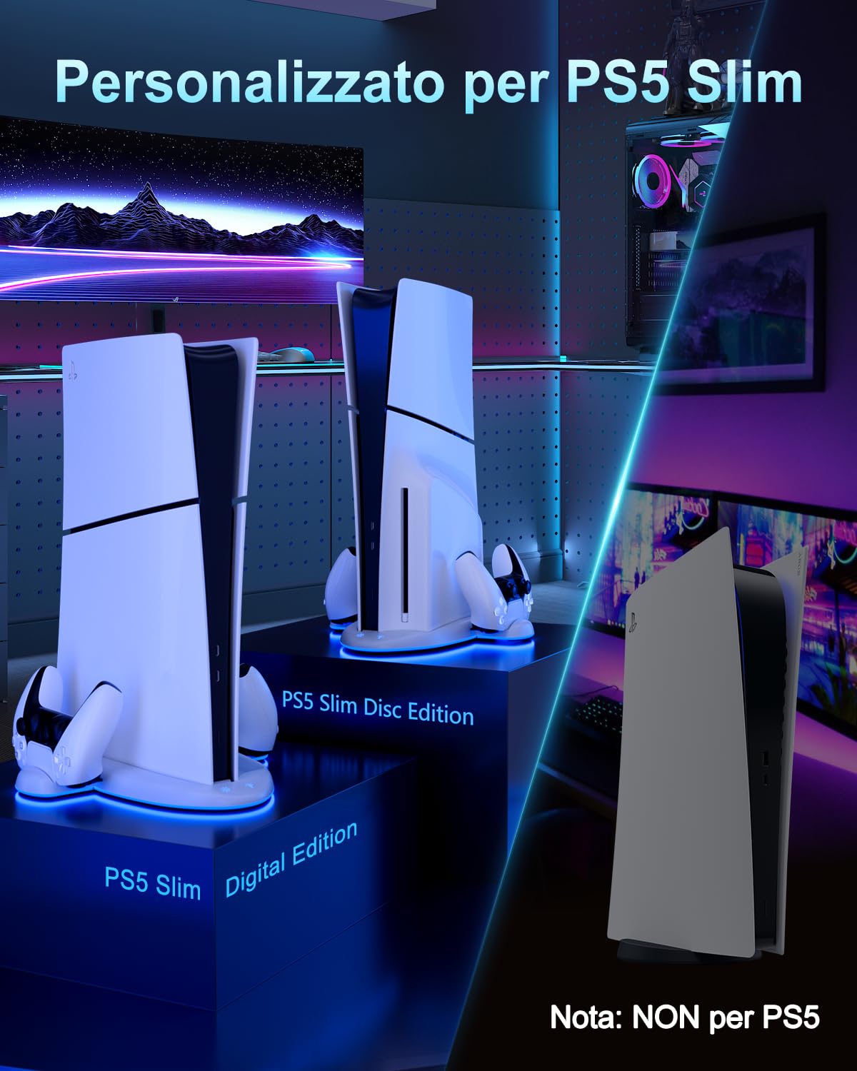 Raffreddamento Verticale per Supporto PS5 Slim, Design di Ricarica Doppio Controller Aggiornato, Base con Ventola e 9 RGB, Accessori Compatibili con PS5 Slim Digital/Disc