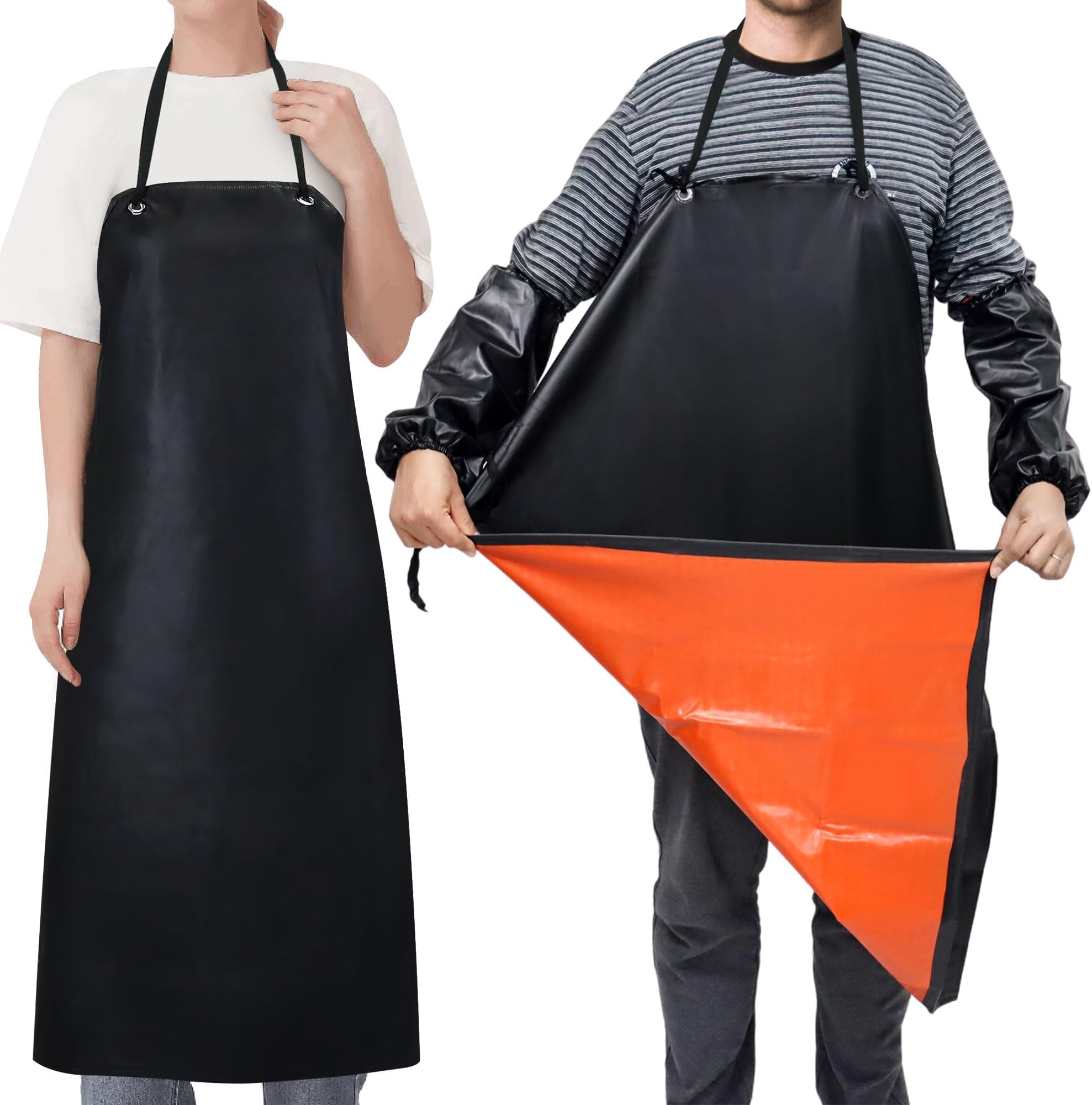 Upgraded 43" Waterproof Leather Apron with 2 Sleeves Set Heavy Duty Work Apron Chemical Acid Stain Oil Resistance Industrial Workshop Labor Working Rubberfor Kitchen Butcher
