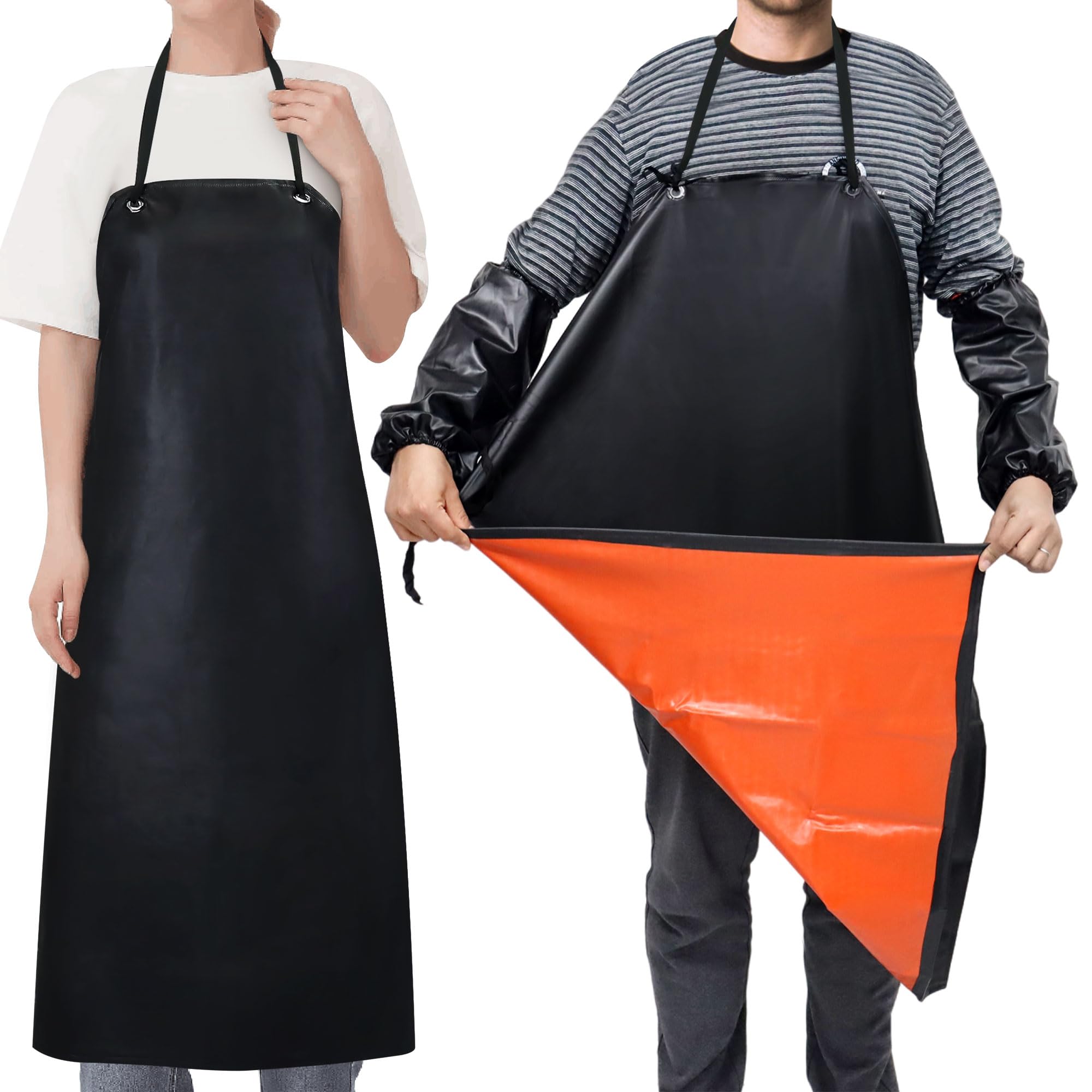 Upgraded 43" Waterproof Leather Apron with 2 Sleeves Set Heavy Duty Work Apron Chemical Acid Stain Oil Resistance Industrial Workshop Labor Working Rubber Worksafe Clothes for Kitchen Butcher