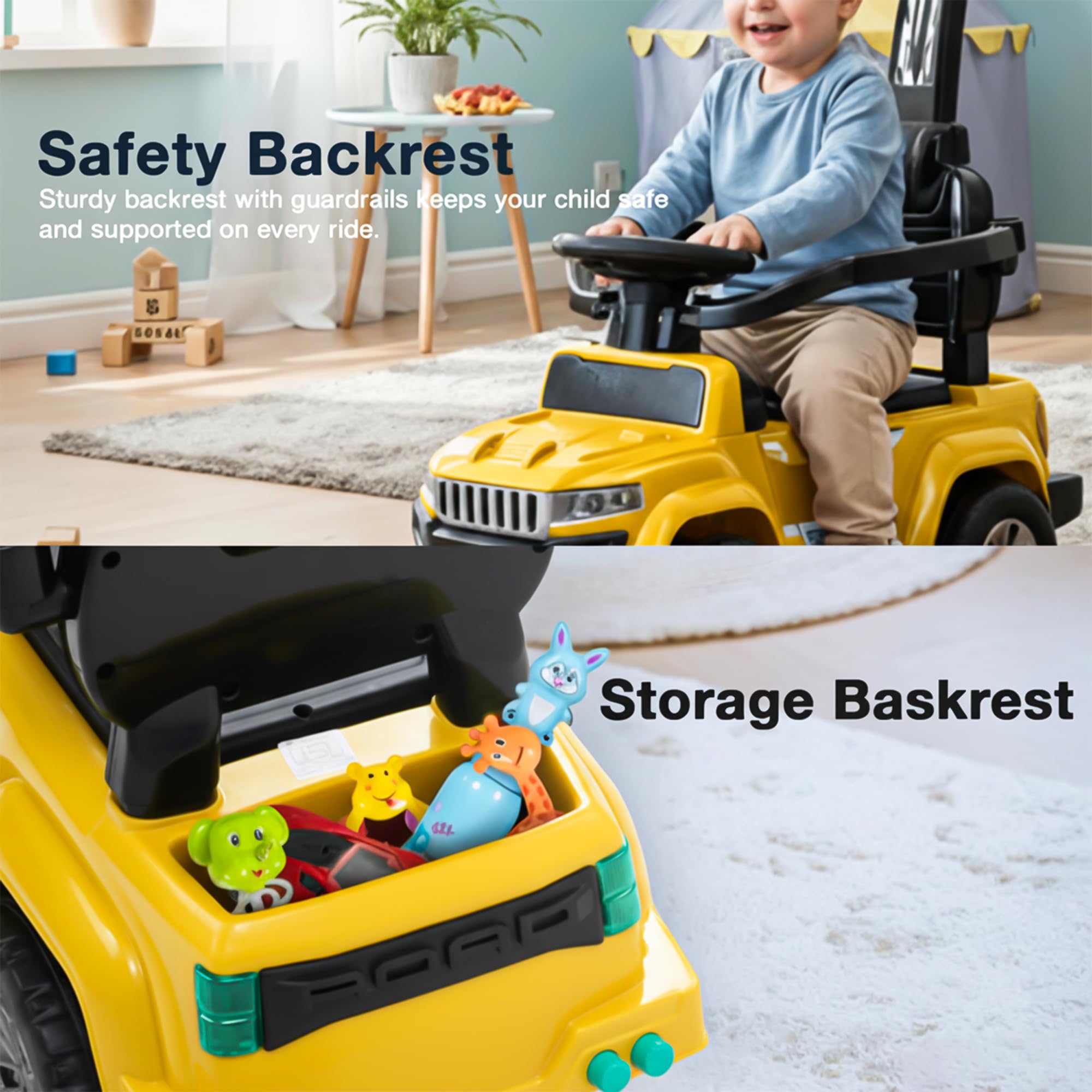Baybee Speedy Pro Ride on Cars for Kids | Portable Baby Push Rideons with Parental Handle & Safety Guardrail | Kids Car with LED Lights, Music & Backrest | Ride on Car for Baby 1-3 Years (Yellow) 2