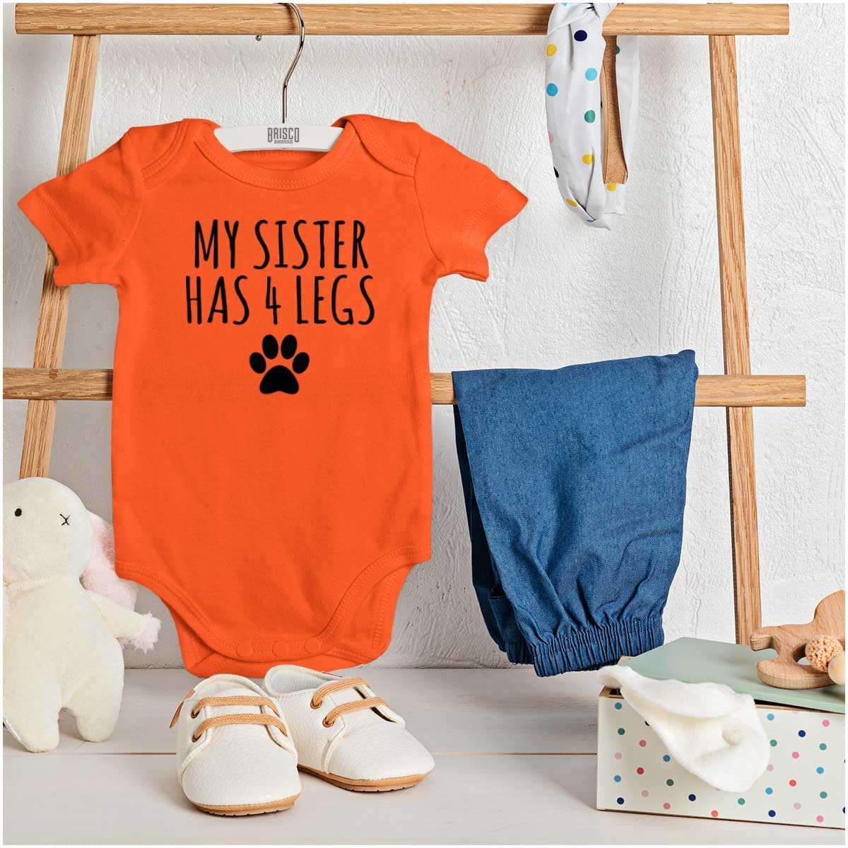 Brisco Brands My Sister Has 4 Legs Paw Print Baby Romper Boys or Girls
