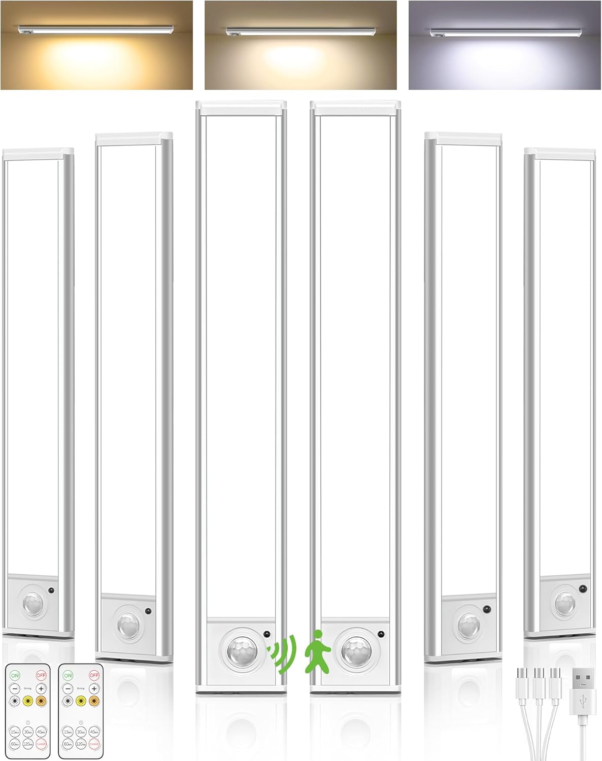Under Cabinet Lighting,LED Rechargeable Motion Sensor Light Indoor Battery Operated,3 Color Temps&Dimmable Closet Lights with Remote,Wireless Under Counter Lights for Kitchen Stairs (6 Pack)