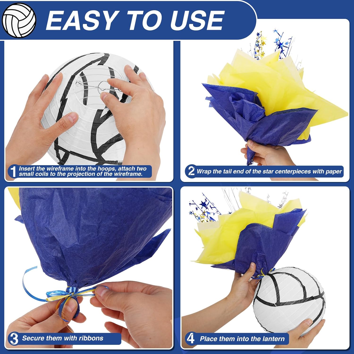 72 Pieces Volleyball Paper Lanterns Centerpieces Decorations Volleyball Lanterns with Metallic Foil Centerpiece Wrapping Paper and Ribbons for Volleyball Birthday Party (72 PCS, Volleyball)