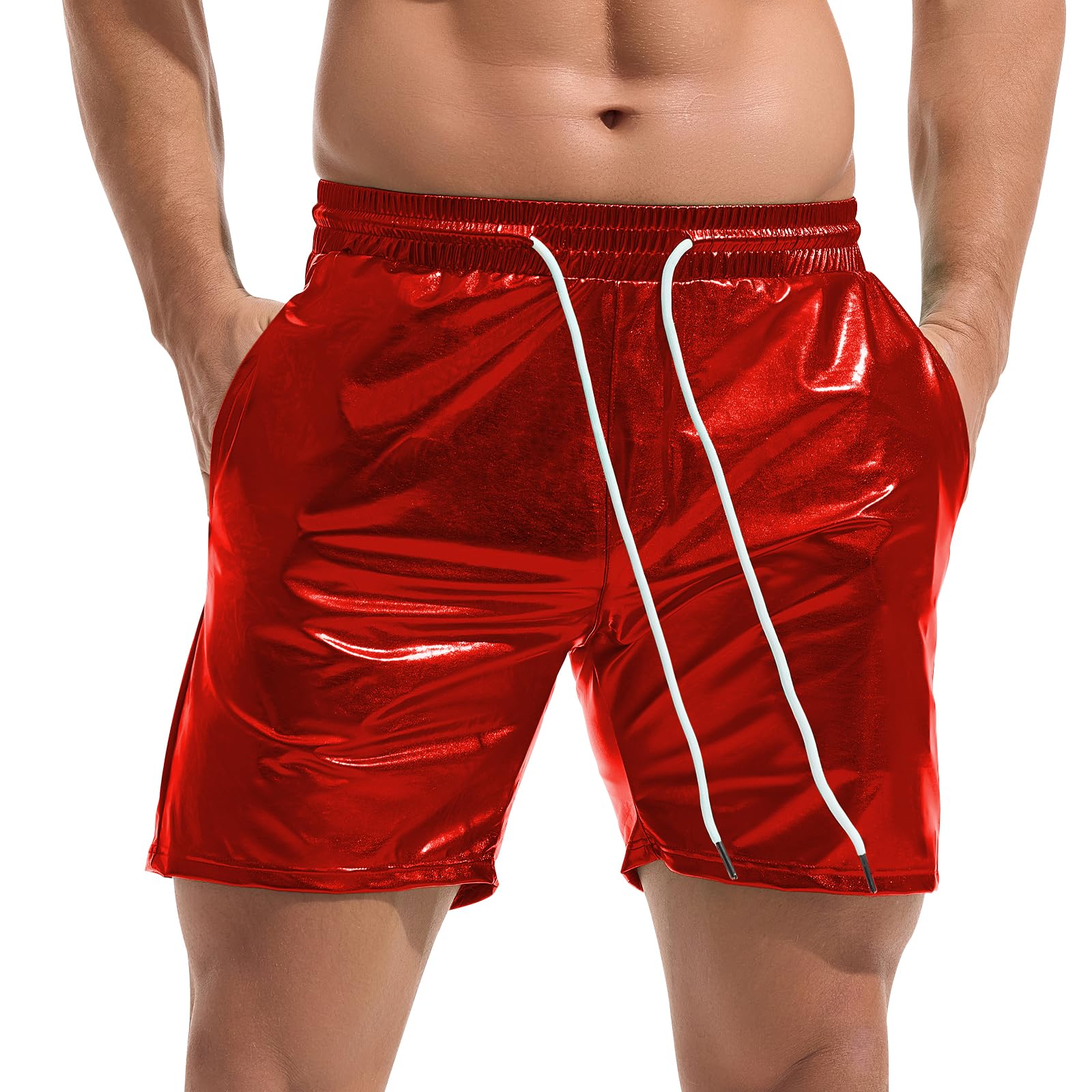 AMY COULEE Mens Metallic Shorts 5 Shiny Holographic Disco Shorts Outfit Sparkly Rave Hot Drawstring Shorts