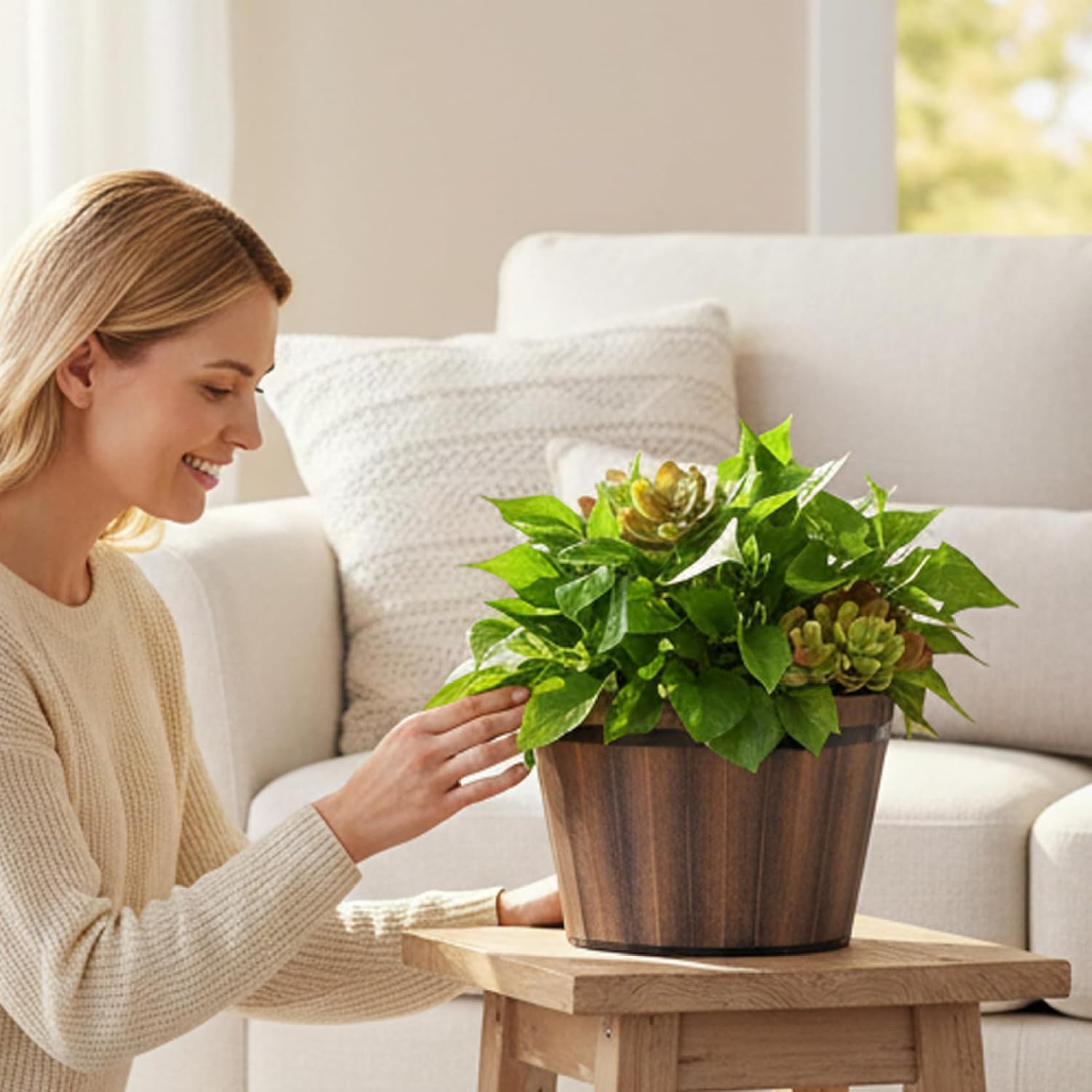 Whiskey Barrel Planter, Wine Barrel Planter 10 Inch Plant Pots Indoor with Drainage Plastic Wood for Outdoor & Indoor Use