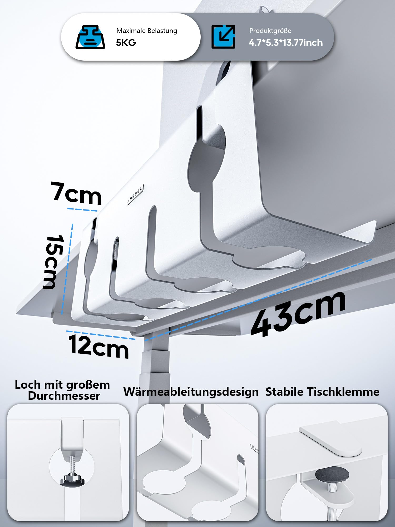 NODOCA Kabelmanagement unter dem Schreibtisch, Kabelkanal, Kabelkorb 43×15×12cm Weiß