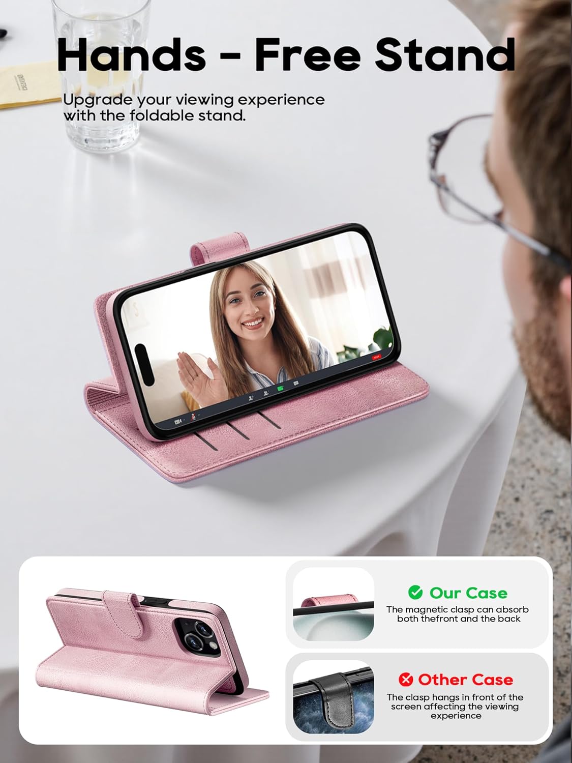 Compatible with iPhone 13 Wallet Case with Card Holder, 2 in 1 Magnetic Detachable & Wireless Charging Support, PU Leather Flip Phone Cover with RFID Blocking (Pink)