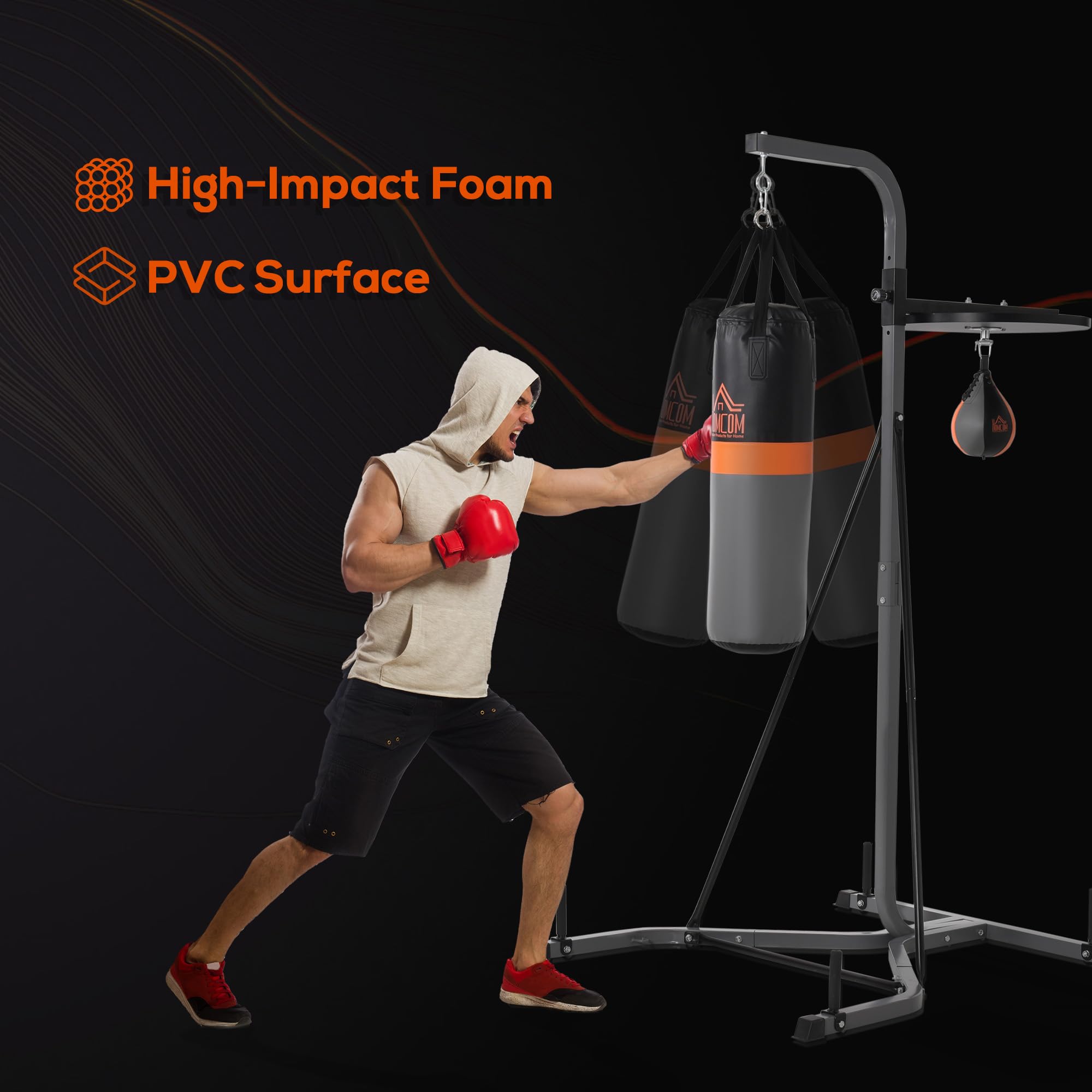 HOMCOM Saco de Boxeo Colgante 2 en 1 Saco de Suelo de Pie con Soporte con Bola de Velocidad Ajustable en Altura de 167-187 cm e Inflador para Ejercicios Fitness en Casa Gimnasio 115x157x221 cm Gris