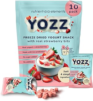 Yozz Probiotic Freeze Dried Yogurt Snack with Real Strawberries - No Sugar Added - 1 Billion CFU per Serving - 10 Individual Packs - For Adults, Babies, and Toddlers - Tastes Wow