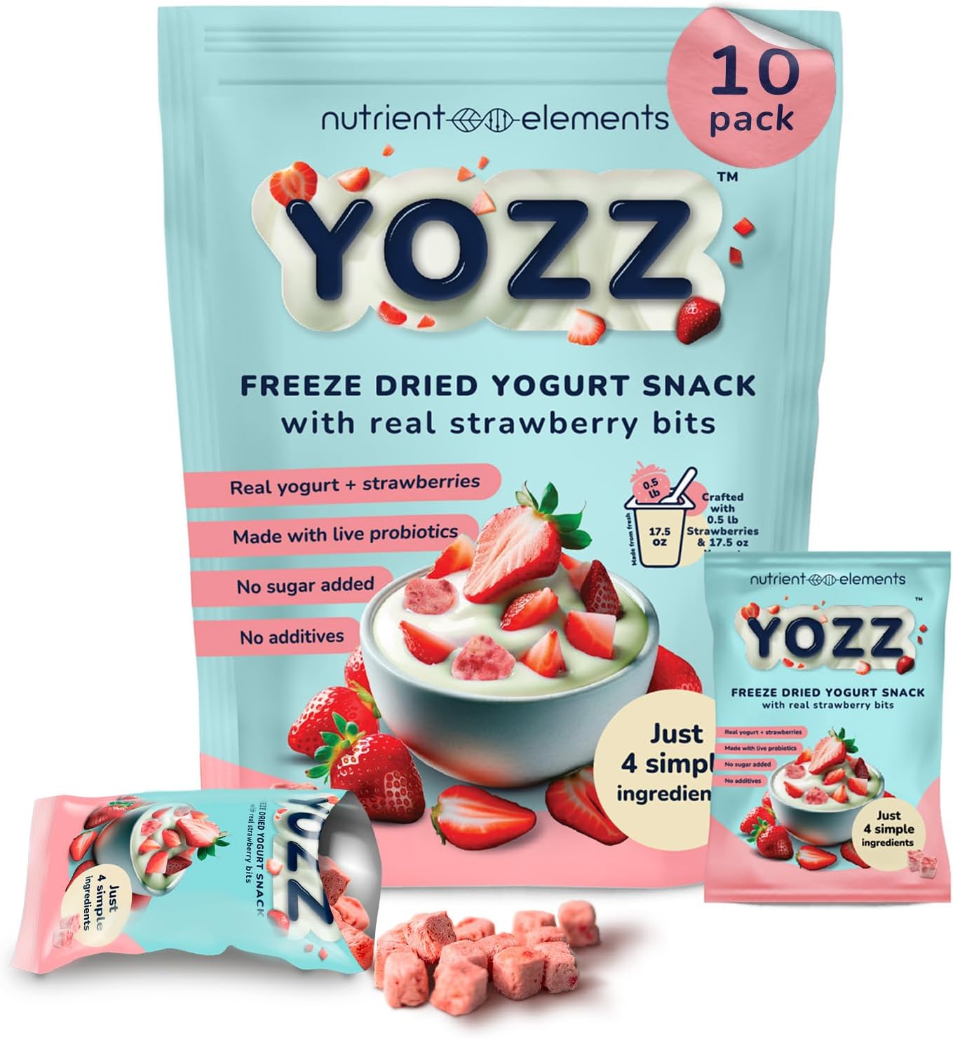 Yozz Probiotic Freeze Dried Yogurt Snack with Real Strawberries - No Sugar Added - 1 Billion CFU per Serving - 10 Individual Packs - For Adults, Babies, and Toddlers - Tastes Wow