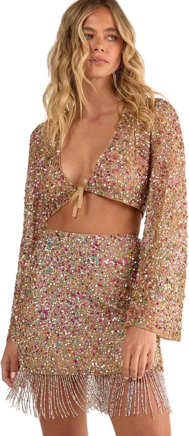 Nasty Gal Women's Metallic Net Sequin Pearl Tie Front Fluted Sleeve Top