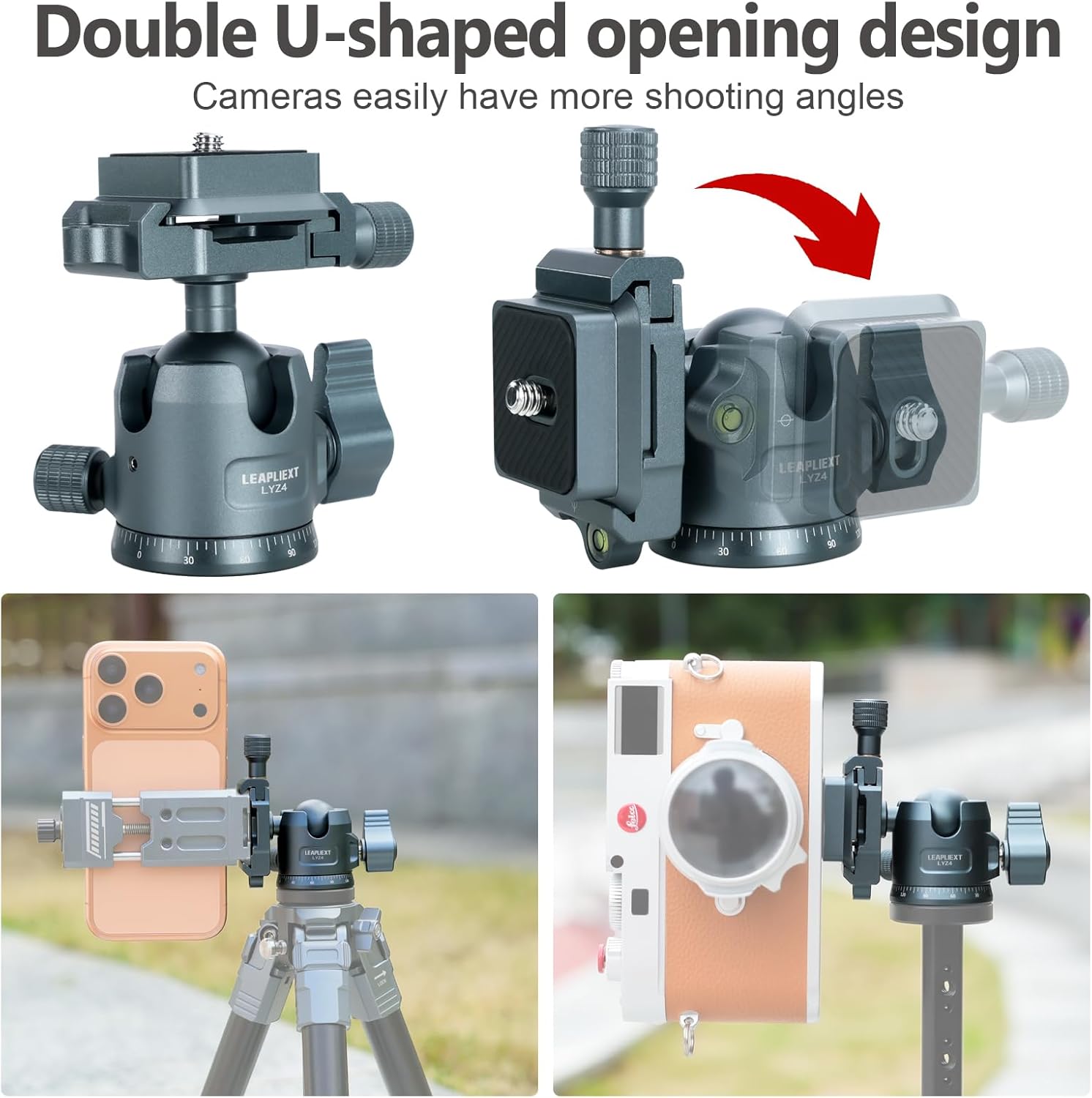 Metal Tripod Ball Head， 360 Degree Panoramic Rotation ，1/4-inch Arca Swiss Quick-Release Plate ，Plate Max Load 12KG/26LBS ，Compatible with Tripod ，Monopod， Phone iPad Holder。