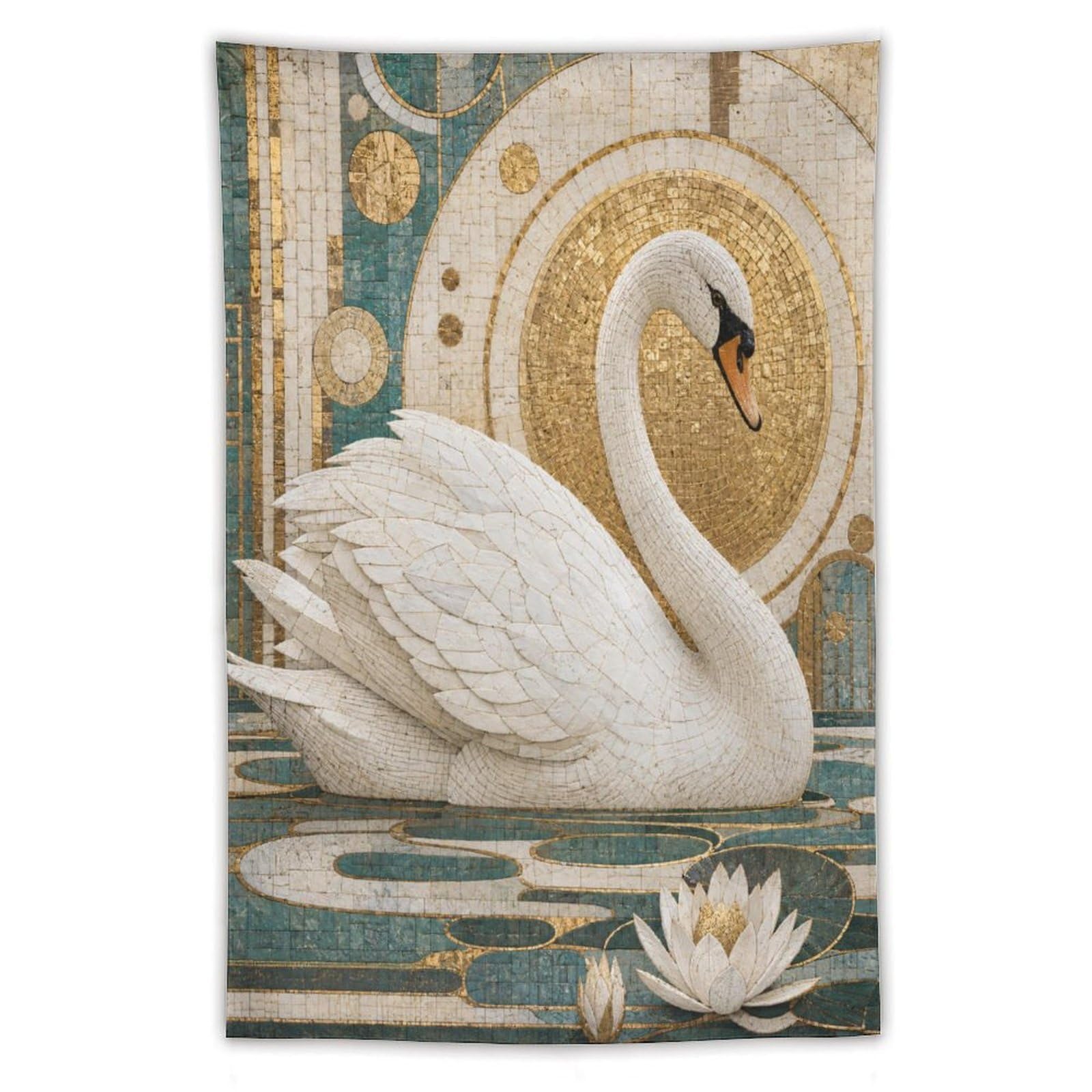 White Swan and Lotus Wall Tapestry, Mosaic Style, Elegant Mosaic
