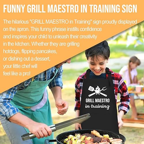 Miniatura 4 de OUUKHGY Juego de delantal y sombrero de chef para niños, divertido delantal de entrenamiento con 2 bolsillos para niños y niñas