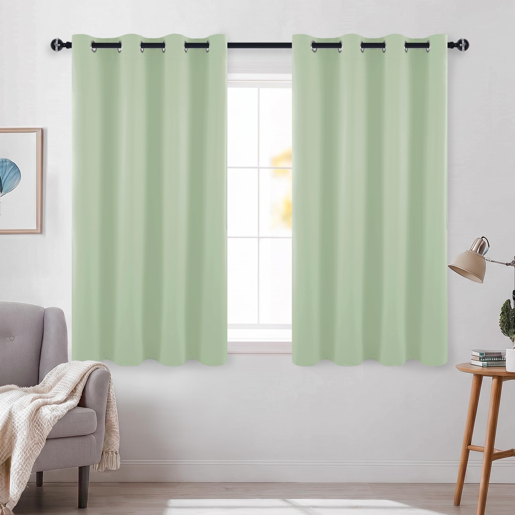 DWCN Blackout Thermal Curtains Solid Eyelet Noise Reducing Curtains for Bedroom 52x54 Inches Bean Green 2 Panels