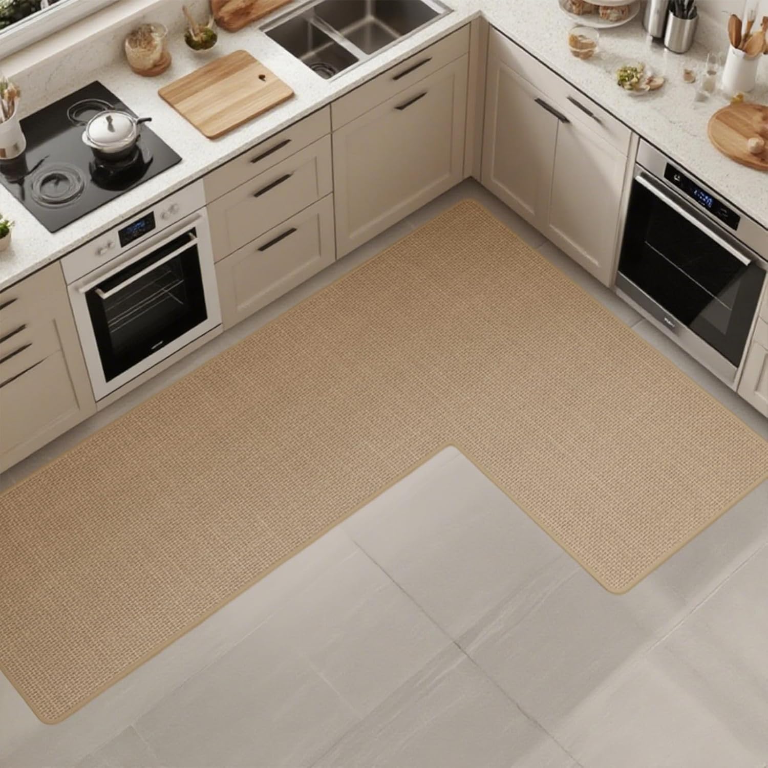 Anti-Slip Corner Kitchen Rug, 1 Piece L-Shaped Floor Mats,Super Absorption Linen Corner Mat for Home,Kitchen (Beige Left-L, 39''X59''X18'') 3'3" x 4'11" (L-shaped) Beige Left-l