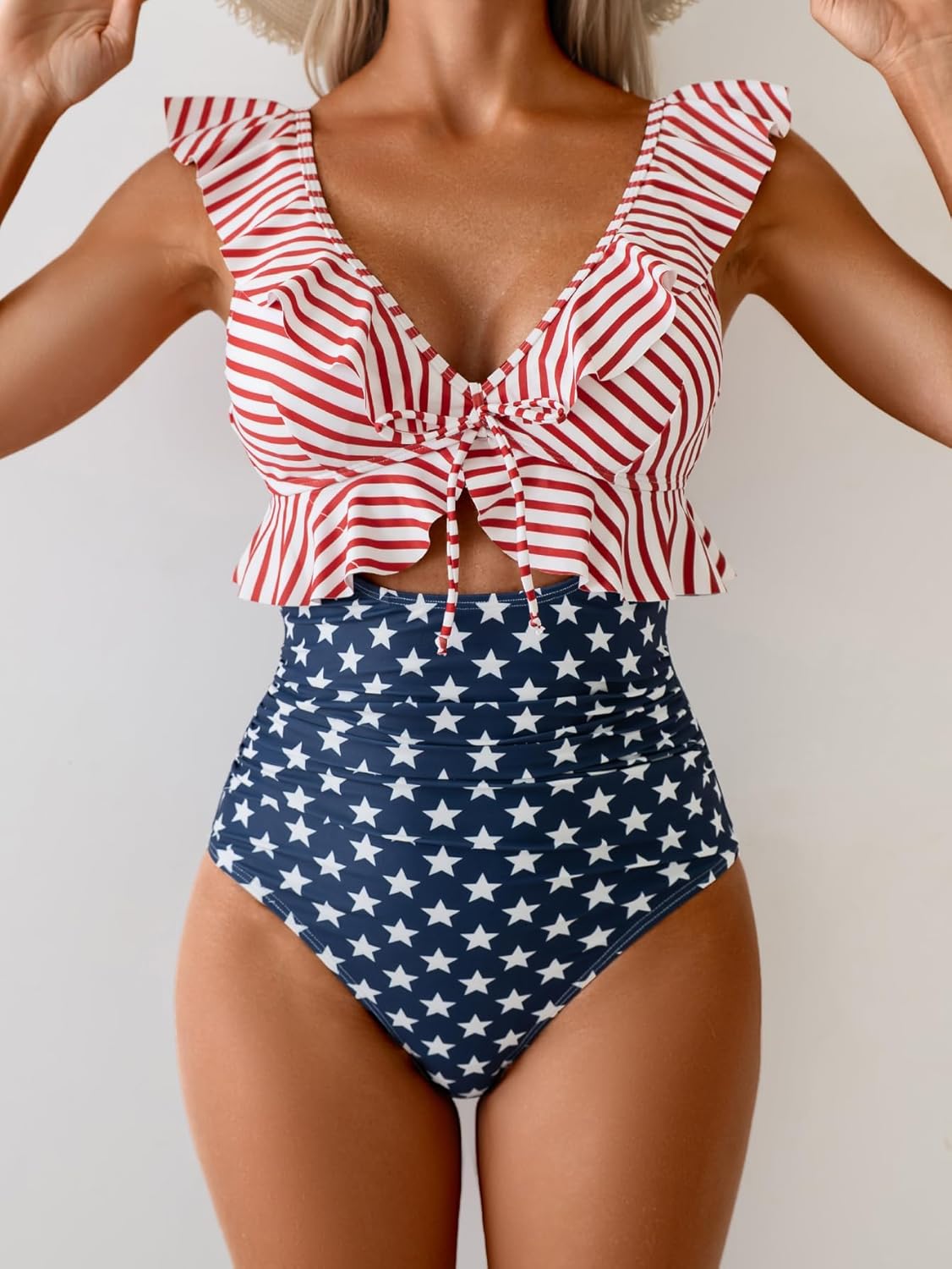 Eomenie One Piece Swimsuit for Women Tummy Control Ruffle Bathing Suit V Neck Ruched Swim Suit Slimming Cutout Swimwear - Image 4